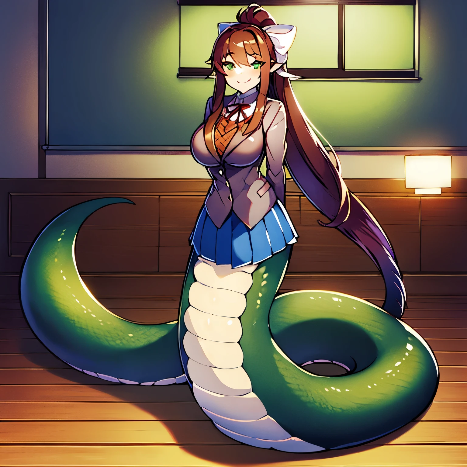 1girl, ((lamia)), scales, tail, standing, Monika, bangs, very long hair, smile, long hair, neck ribbon, looking at viewer, ponytail, shirt, , hair bow, white bow, pleated skirt, brown hair, grey jacket, sidelocks, solo, blush, blue skirt, skirt, breasts, blazer, green eyes, 4k 8k, highres, best quality, masterpiece, wallpaper, ((classroom)), ((full body))