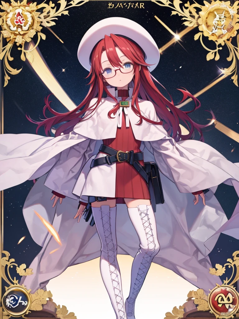 masterpiece,highest quality,High resolution,Very detailed、aty, long hair, blue eyes, red hair、thighhighs, hat, dress, boots, glasses, belt, cape, sweater, zettai ryouiki, beret, thigh boots, white footwear, ribbed sweater, loose belt,