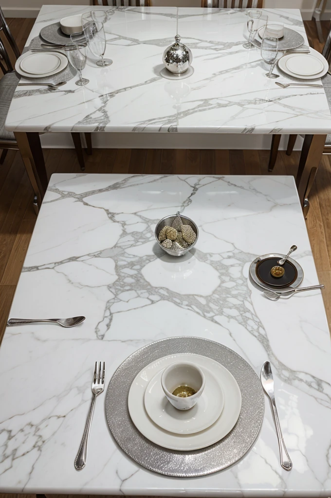 
Create an image of a marble table set with silver placemats