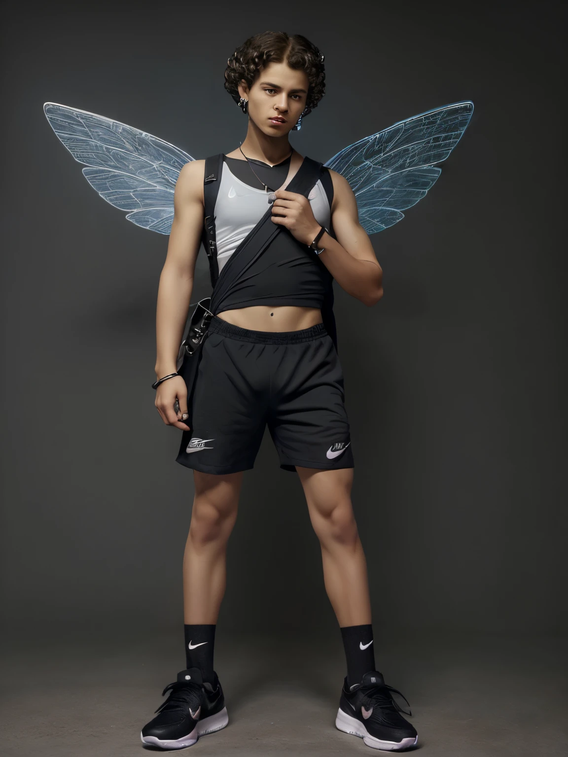 boy wearing nike tech, earrings, nike shoes, black sling bag, curly hair, arrogant appearance, arrogant look, fairy wings, magic cute wand