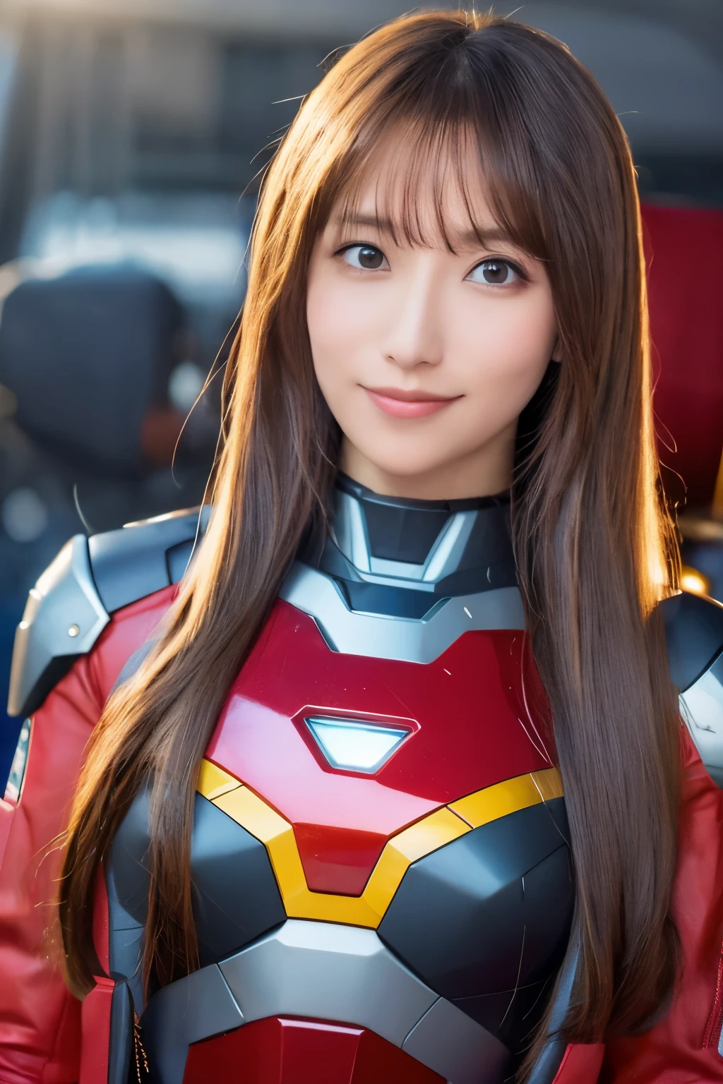 Best quality, High resolution, detailed face, Super realistic, Movie Light, Ultra HD, Japanese skinny lady, cute face, her upper body wears an Iron Man mech with red and gold color, (black long hair), Standing next to the giant robot