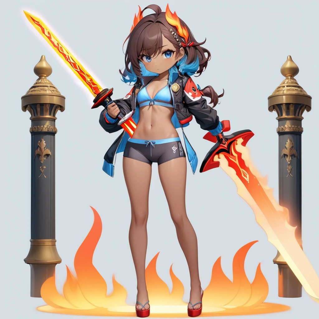 3D figure,high quality photo of figure, cleary outlined, very cute and bautiful anime 1girl,(with flame-sword:3.0), standing on pedestal, (serious:3.5), (short-pants-bikini,midriff jacket:3.5),(chibi:2.5), (solo:2.0), (full body:4.0), simple and flat background, (masterpiece,best quality,ultra detailed,extremely detailed,absolutely resolution,absurdres,8k), BREAK,(highly detailed face and eyes:4.0),(dark_skin:5.5),(tribal_tatoos:4.5),(wavy hairs),(long hairs),(messy hair),(asymmetry bangs),(dark brown hair, red streaked hair, blue streaked hair:3.5),(blue-eyes:3.5),(flower hair ornament:3.5),(Intricate Iris Details,Depth and Dimension in the Pupils:2.5),