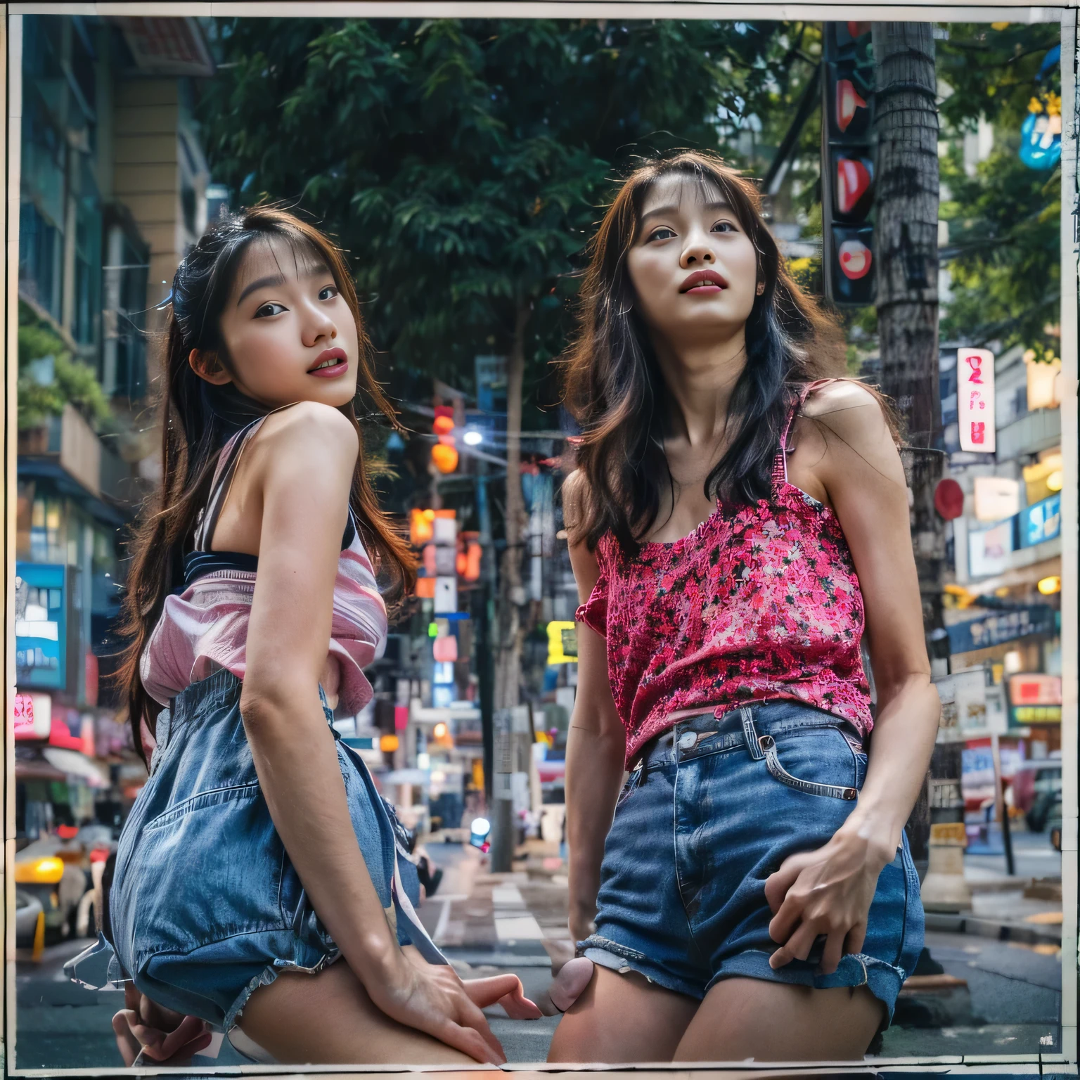 identical twin sisters、close-up、Tokyo street、cityscape、night cityscape、neon street、full body esbian、Close-up、laughter、、(8k、Raw photo、highest quality、masterpiece:1.2)、(realistic、Photo realistic:1.37)、Highly detailed eyelash drawing、(((best image quality))),  (perfection Anatomy), (realistic), (dynamic angle), seductive pose,perfection, look、highest quality、High resolution、thin legs、Toyoko、Shinjuku、kabukicho