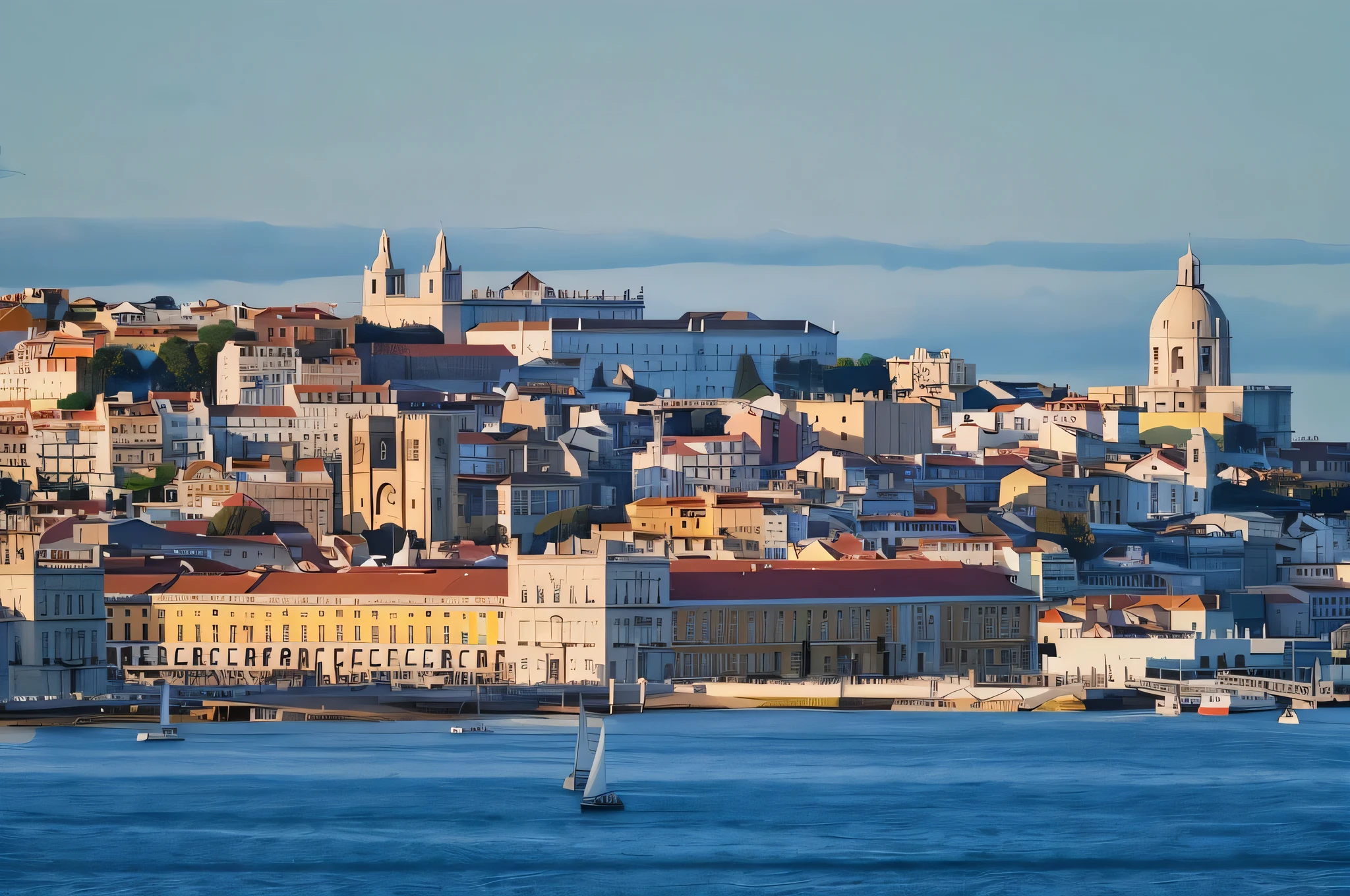 ChromaV5:1.2, sailing ship, Lisbon cityscape, river Tagus, old architecture, golden aura, clear blue sky, joyful atmosphere, highly detailed city, ink traces, firm and defined brushstrokes, perfect final image