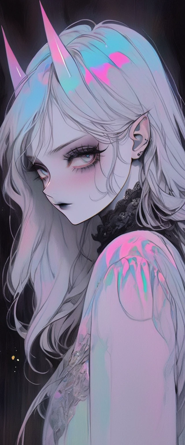 pale devil girl , ((por encima de la cintura)), disparo desde muy lejos, (largeeyes, Los ojos son delicados y hermosos., cara hermosa y delicada, detalles de cuerpo completo), (sombreado de prisma, holographic environment, chromatic:1.2) Camisa de encaje negra, Gothic background, (long right angle:1.2) Zapatillas con calcetines,