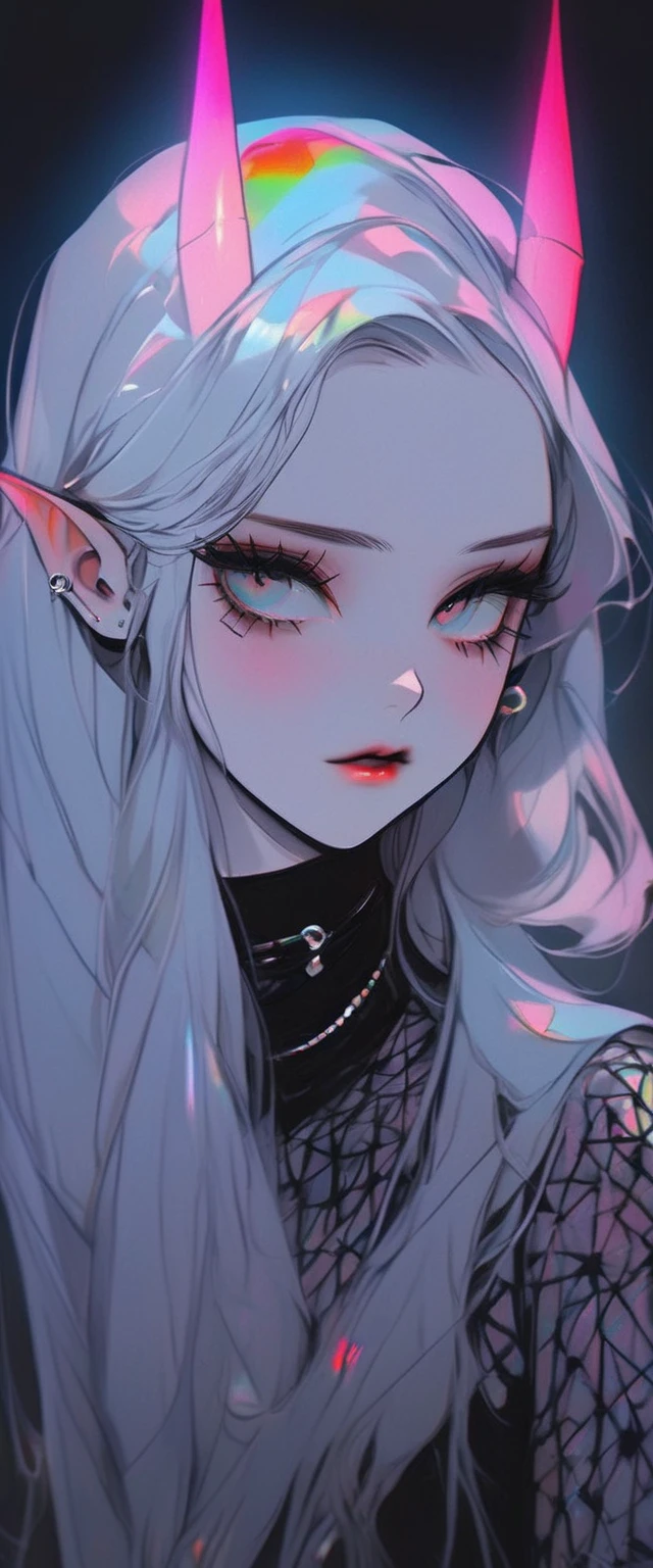 pale devil girl , ((por encima de la cintura)), disparo desde muy lejos, (largeeyes, Los ojos son delicados y hermosos., cara hermosa y delicada, detalles de cuerpo completo), (sombreado de prisma, holographic environment, chromatic:1.2) Camisa de encaje negra, Gothic background, (long right angle:1.2) Zapatillas con calcetines,