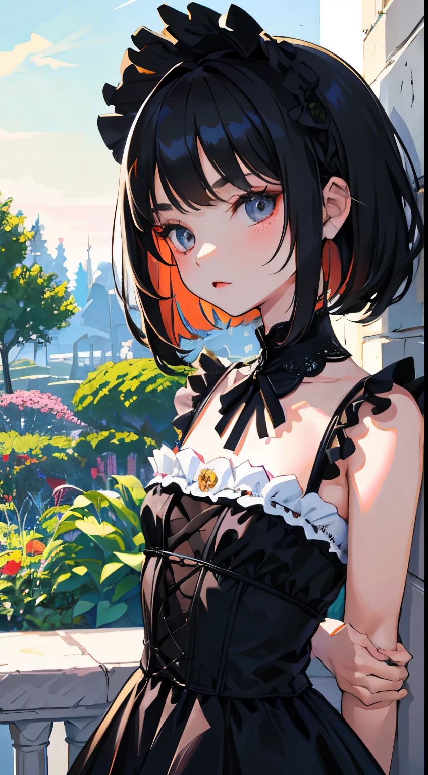 (Short cute girl，Small young student，Young delicate girl）,（masterpiece，Top quality)，Black Hair，sleepy look，black lolita clothes，race，garden