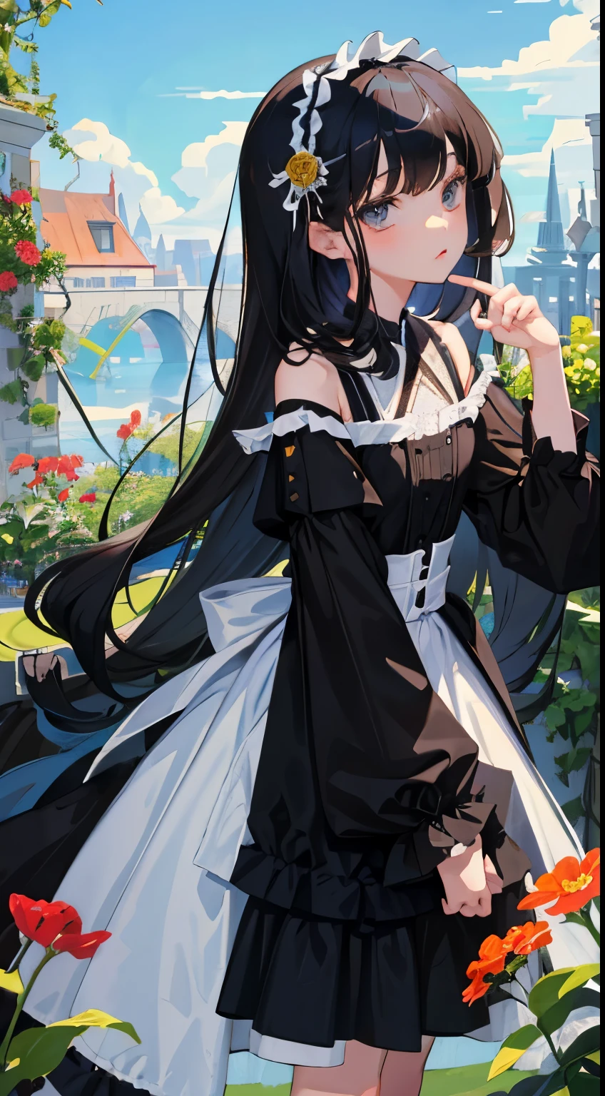 (Short cute girl,Small young student,Young delicate girl),(masterpiece,Top quality),Black Hair,sleepy look,black lolita clothes,race,garden
