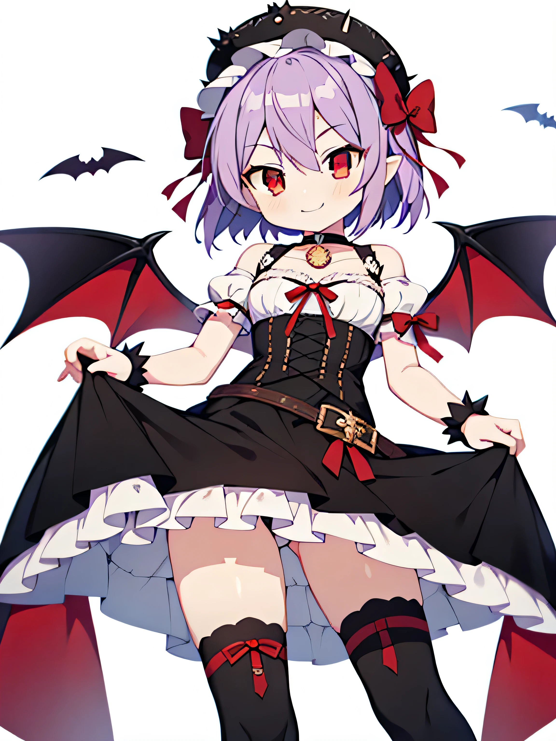 Colorful , masutepiece, Best Quality, 1girl in, , purple hair, short hair, spike hair, Evil Female Executive, Goth Lolita Costume, a miniskirt, White stockings, Large red ribbon, a choker, White inner, black clothes, Sadistic smile, evil smile, black boots, bat wings, , from below, looking at viewer, contrapposto, hairs between eyes, red eyes, shiny eyes, sadistic