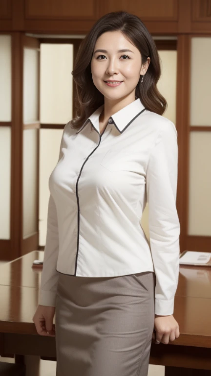 ((highest quality, 8k, masterpiece, Portraiture: 1.3)), (Looking at the audience), (Full Shot:0.85), Attractive business mature woman, 1 person, A little chubby:0.６,Brown medium hair、 White collared shirt, Grey tight skirt,((Big Tits 2.3)) (Large pelvis:0.9), ((Are standing)), smile:0.2, conference room、,Good posture、office、Bright interior、The sun is shining、


