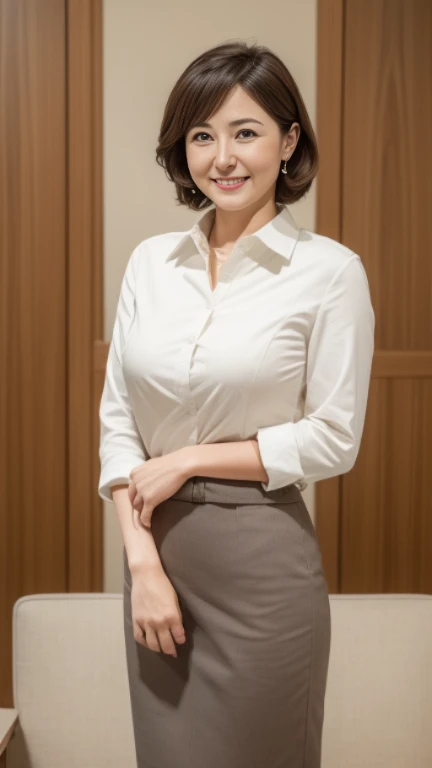 (masterpiece:1.3), (8K, Photorealsitic, Raw photography, Top image quality: 1.4), japanes, (1girl in), beauitful face, (Lifelike face), (A dark-haired, short-hair:1.3), Beautiful hairstyle, Realistic eyes, Beautiful eyes, (real looking skin), Beautiful skin, enticing, 超A high resolution, A hyper-realistic, high-detail, the golden ratio, Detal Face, see the beholder, a smile, camisa branca aberta, middlebreasts, is standing, put hands on the hip, Look at viewers