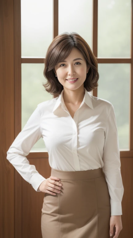 ((highest quality, 8k, masterpiece, Portraiture: 1.3)), (Looking at the audience), (Full Shot:0.85), Attractive business mature woman, 1 person, A little chubby:0.6,Brown medium hair、 White collared shirt, Grey tight skirt,((Big Tits 2.3)) (Large pelvis:0.9), ((Are standing)), smile:0.2, conference room、,Good posture、office、Bright interior、The sun is shining、