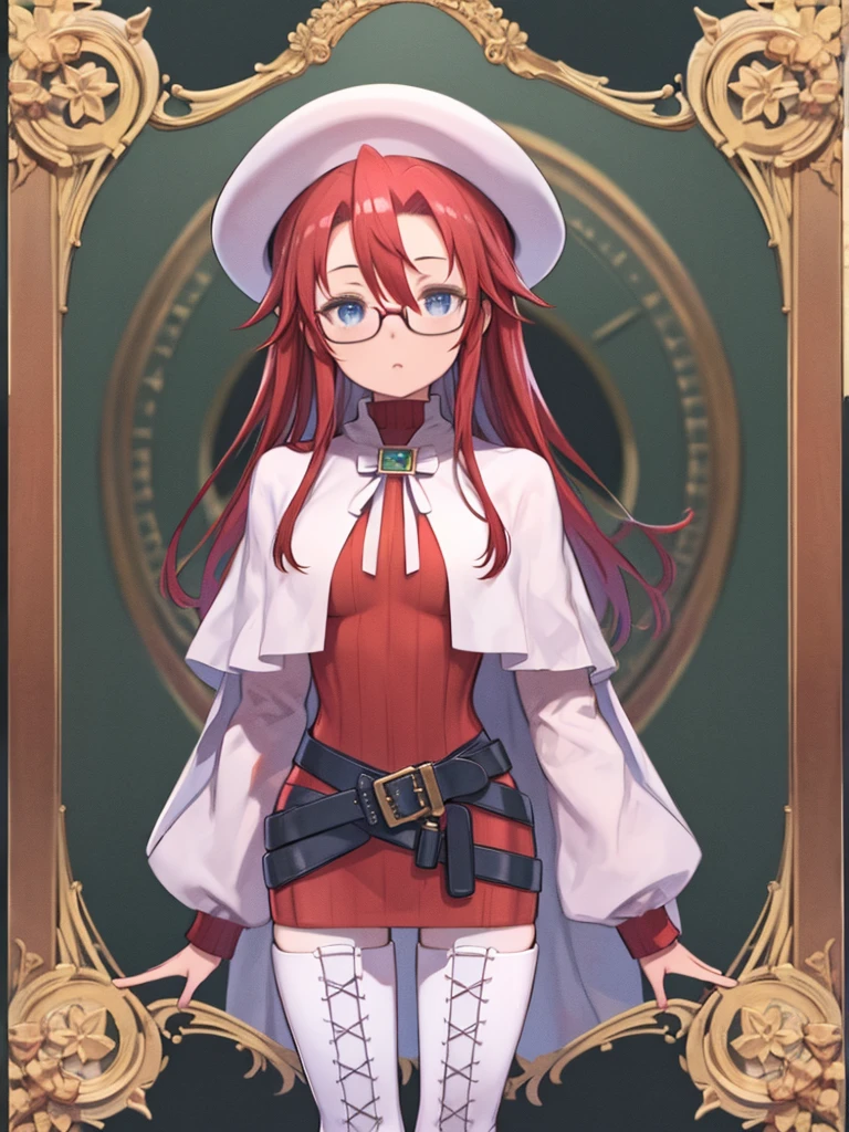 masterpiece,highest quality,High resolution,Very detailed、Medium wide shot、Cowboy Shot、(aty, blue eyes, red hair、Hair between the eyes)、thighhighs, hat, dress, boots, glasses, belt, cape, sweater, zettai ryouiki, beret, thigh boots, white footwear, ribbed sweater, loose belt,