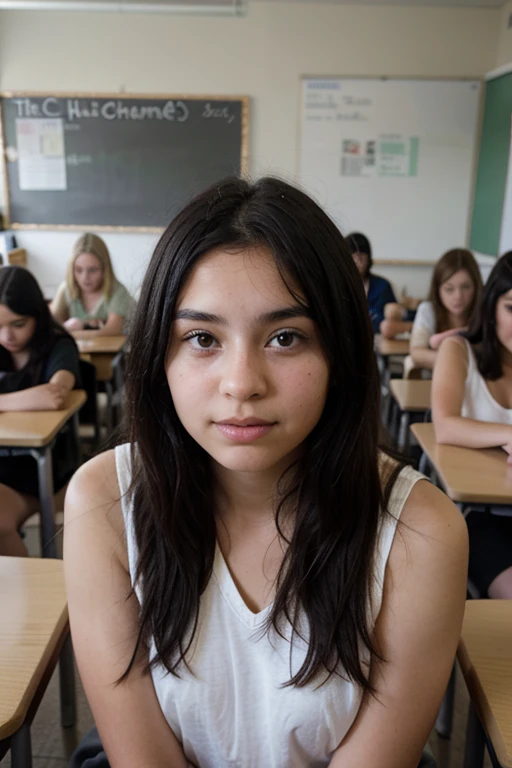 a girl with straight black hair in a classroom with friends