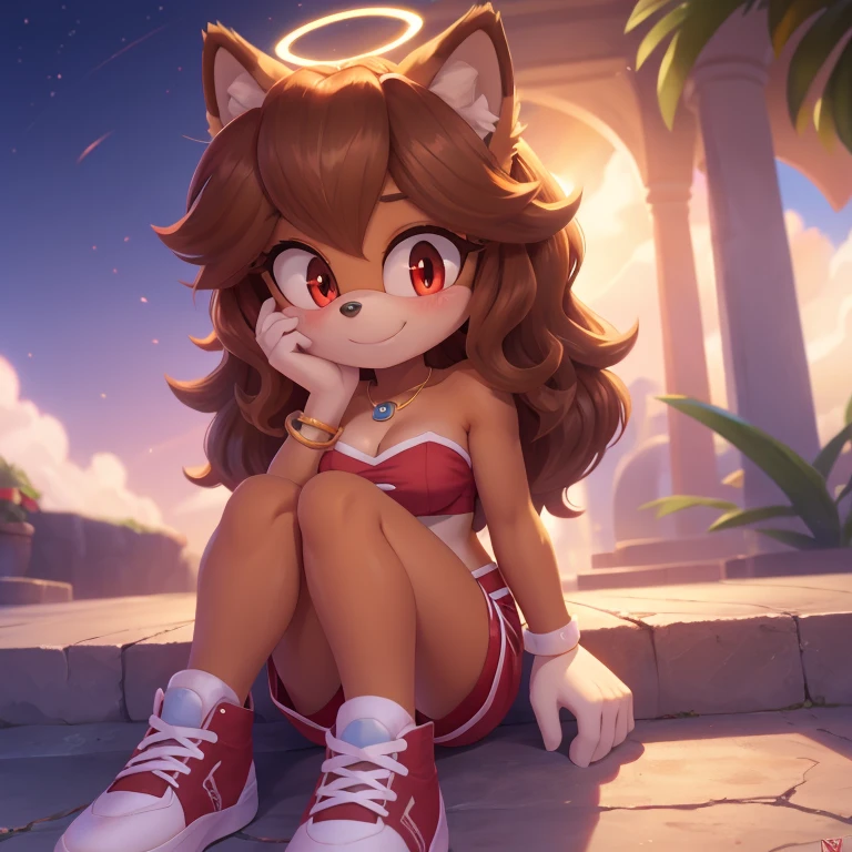 mobian, hedgehog, two-tone fur ((orange fur, brown fur)), pyjama elastic shorts, strapless crop top, cleavage, high-top sneakers, two-tone hair (brown hair, black tip)), curly hair, halo, sunglasses, jewelry, red eyes, longeyelashes, red eyes, smile, shy, blush, high detail, masterpiece, UHD, anatomically correct, super detail, highres, 4K