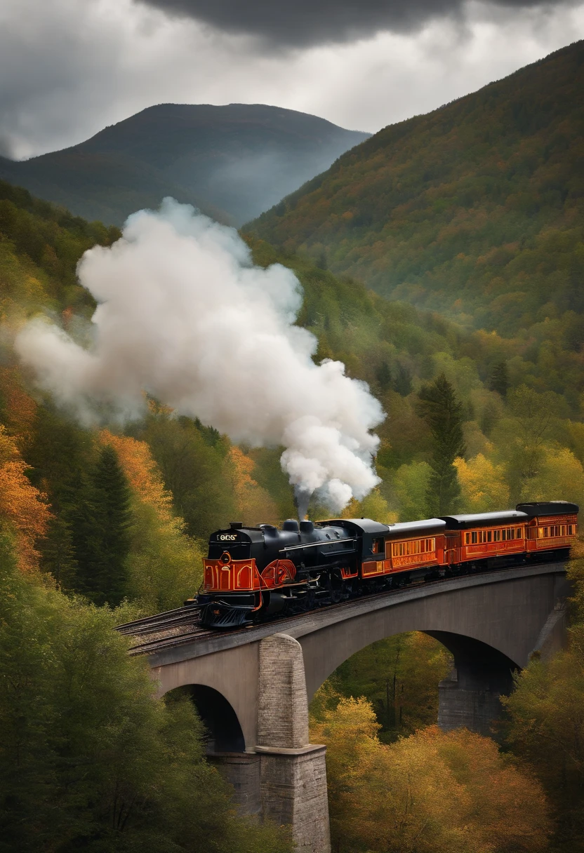 smoke train on top of a bridge in the mountains