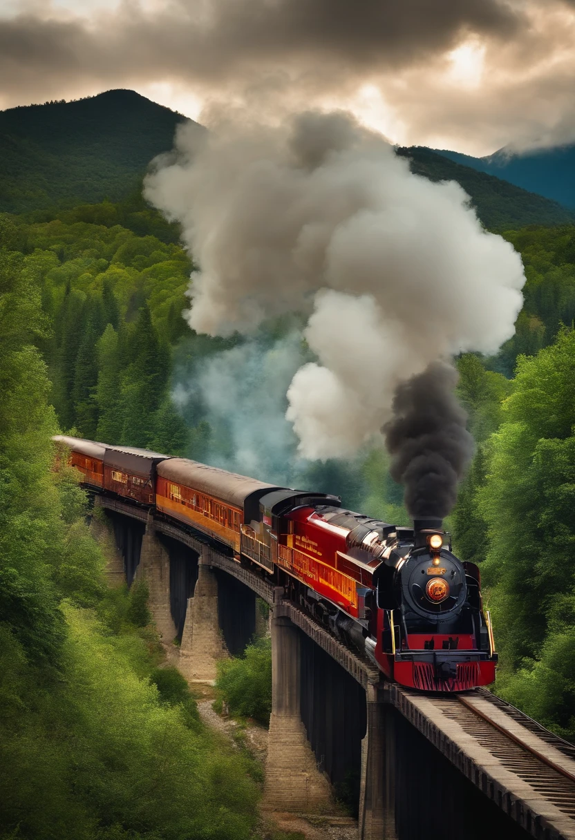 smoke train on top of a bridge in the mountains