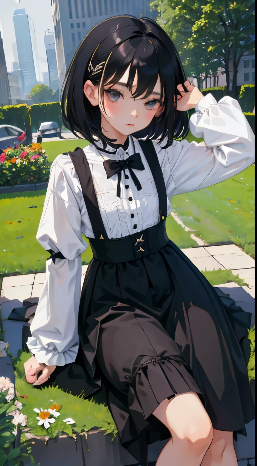 (Short cute girl，Small young student，Young delicate girl）,（masterpiece，Top quality)，Black Hair，sleepy look，black lolita clothes，race，mini skirt，garden