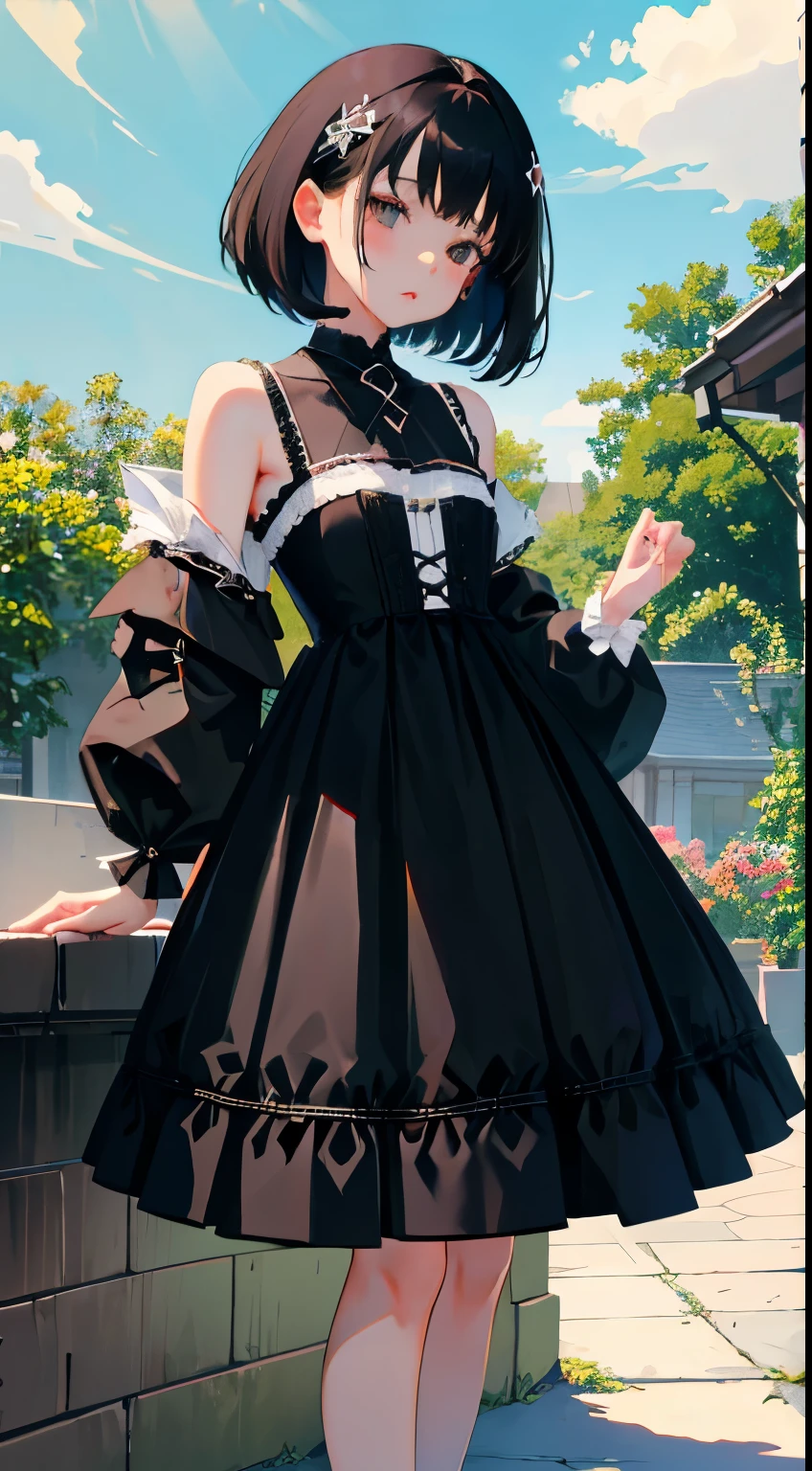 (Short cute girl，Small young student，Young delicate girl）,（masterpiece，Top quality)，Black Hair，sleepy look，black lolita clothes，race，mini skirt，garden