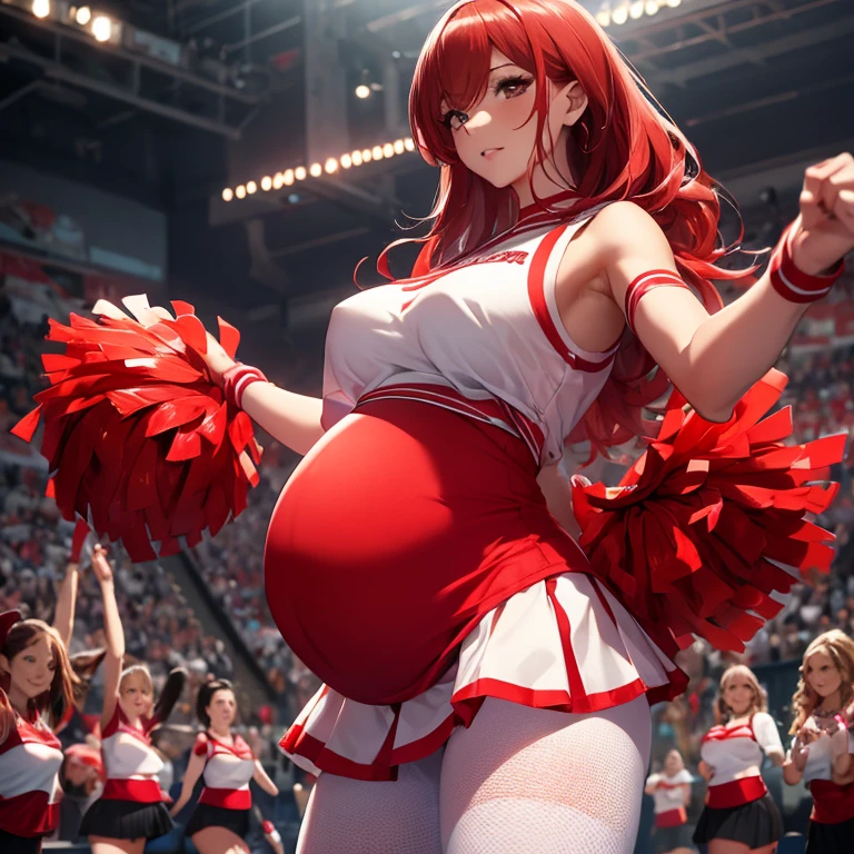 1woman, Pregnant goddess, mature, cheerleader, red skirt, white top, fishnet leggings, wavy red hair, cheerleader outfit, realistic, high definition, 4k