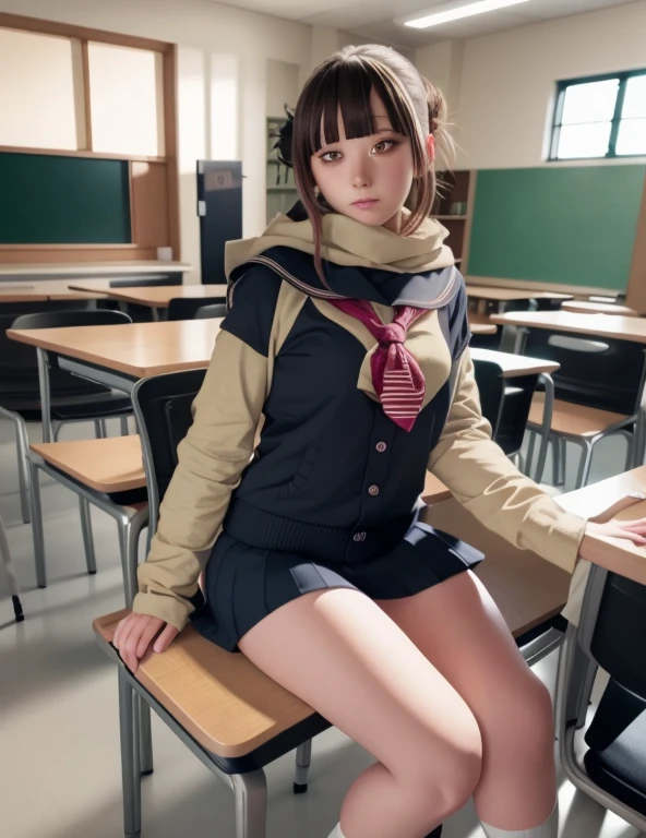 (masterpiece、highest quality)、highest quality, Ultra-high resolution, (((masterpiece))), alone, Sweat、Big eyes, Composition from the front、short hair、both ears、Embarrassed face、Blonde Hair、School classroom、Sailor suit、skirt、Upper body close-up、Sit with your legs apart、panties、Pussy Line