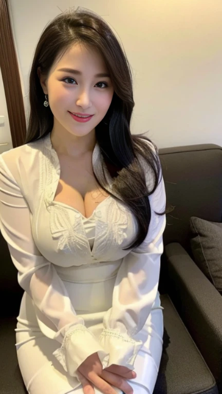 最high quality, 8k, Vibrant, Sharp focus, high quality, High resolution, Middle-aged women, Mature Woman, 49 years old, (Whole Body Ezbian), (Facial details in high heels, Highly detailed eyes, Thick lips, Plump figure、Plump face、((Big Tits 2.3))、((White blouse))、Love hotel room、Random Hairstyles、A kind smile、