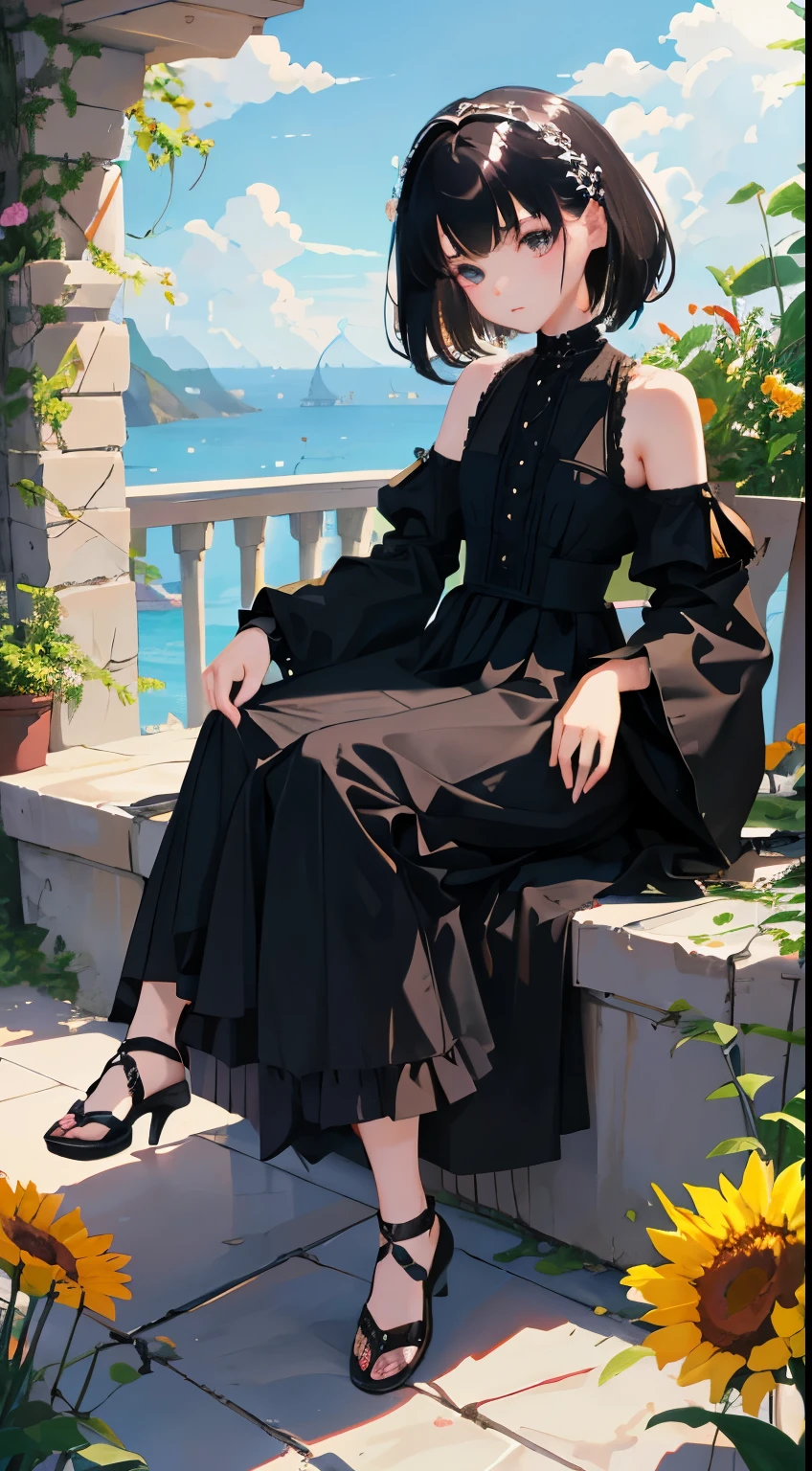 (Short cute girl，Small young student，Young delicate girl）,（masterpiece，Top quality)，Black Hair，sleepy look，black lolita clothes，race，mini skirt，garden