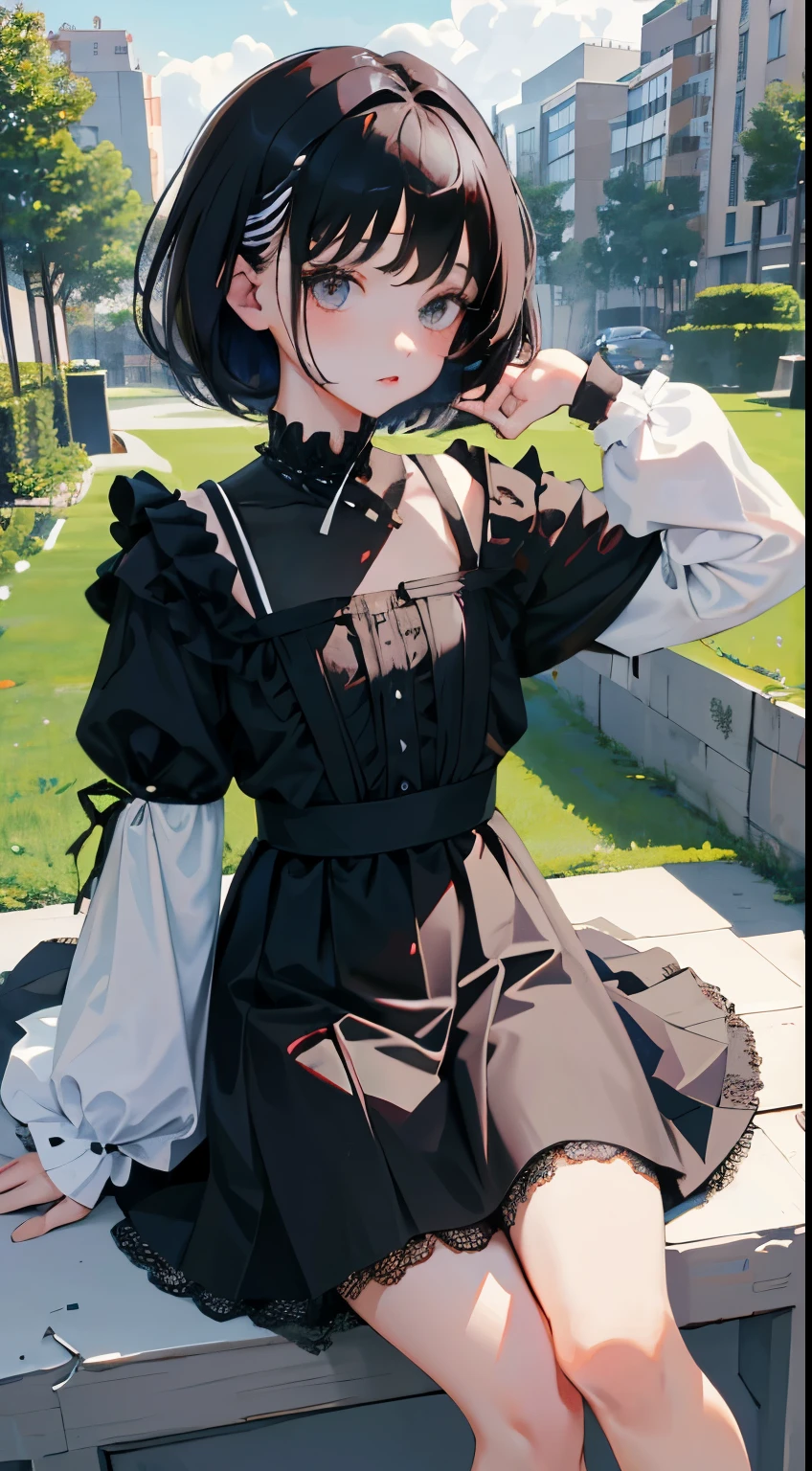 (Short cute girl，Small young student，Young delicate girl）,（masterpiece，Top quality)，Black Hair，sleepy look，black lolita clothes，race，mini skirt，garden