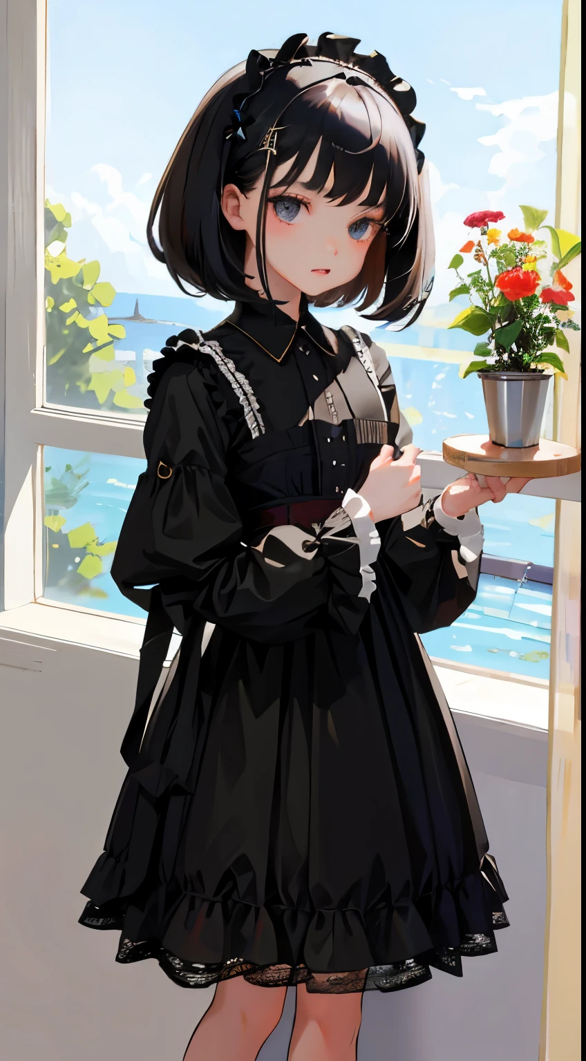 (Short cute girl,Small young student,Young delicate girl),(masterpiece,Top quality),Black Hair,sleepy look,black lolita clothes,race,mini skirt,garden