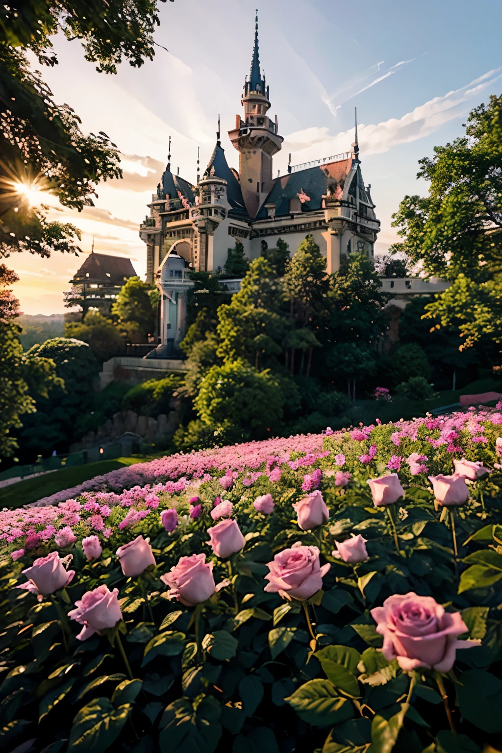 picture of a white castle in the middle of the forest, there are many pink roses in the foreground ,  sunset , red - pink shades ,beautiful detailed pixel graphics, detailed pixel graphics, detailed pixel graphicswork, High quality detailed 8K graphics, #pixel art, # pixel art, Cyberpunk Castle, high quality pixel graphics, Epic castle with tall spires, #pixel art:3, 1 0 0 0 x 1 0 0 0 pixel art, Pixel Art Style