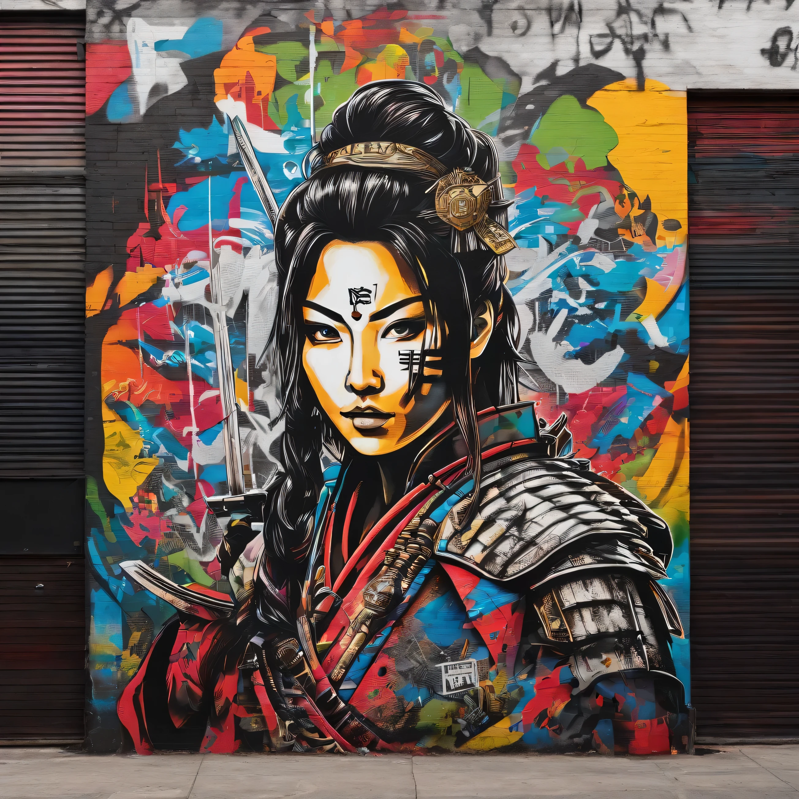 aerial shot view, GRAFFITI DRAWING OF A SAMURAI ON THE WALL OF A BUILDING, realist style、SPRAY PAINT, (graffiti wall)、UTRA DETAILED ARMOR, ULTRA DETAILED SWORD, hyper-detailed art、award-winning work, IMPACTFUL VISUAL, outdoor ARTWORK, CINEMATIC LIGHTING, ARTISTIC DETAILS, DYNAMIC SHADOWS ,ATMOSPHERIC EFFECTS, GRAFITI TEXTURES, HIGH-DEFINITION, IMMERSIVE ENVIRONMENT, SUBTLE COLOR GRADING, AUTHENTIC ATMOSPHERE, DETAILED TEXTURES, award winning ARTWORK, MASTERPIECE ARTWORK, trending on artstation, HDR, UHD, 4K, BY EDUARDO KOBRA.