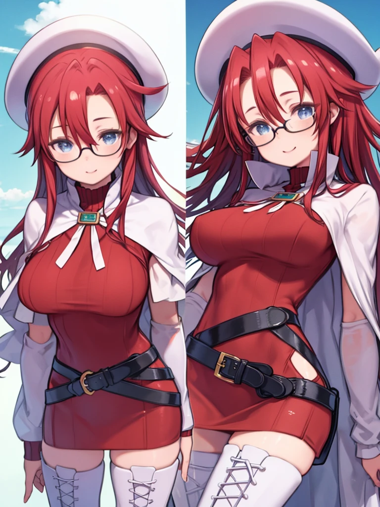 masterpiece,highest quality,High resolution,Very detailed、Close-up of face、Mature Woman、(aty, blue eyes, red hair、Hair between the eyes)、thighhighs, hat, dress, boots, glasses, belt, cape, sweater, zettai ryouiki, beret, thigh boots, white footwear, ribbed sweater, loose belt、Big Breasts、Huge breasts、Smiling、