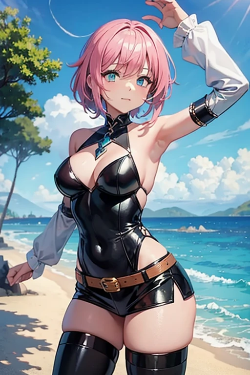 fantasy world, estilo isekai de anime, zona de comercio en la playa, estilo pixel art