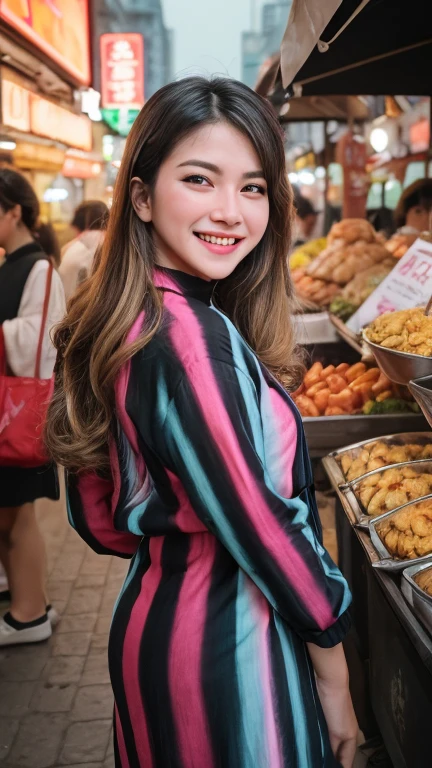 analog film photo solo, zstyle, realistic, ((woman)), (((black and blond ombre hair))), (((grin512:1.2))), (( zip-up tunic, pinstripe dress )), ((street market, vibrant stalls, aromatic street food, bustling)), ((dynamic pose)), PA7_Human-Likeness, PA7_Photo, high detailed, 8k, clear facial features, pastel themed colorgrade, in style of wes anderson, skin ditafakhrana . faded film, desaturated, 35mm photo, grainy, vignette, vintage, Kodachrome, Lomography, stained, highly detailed, found footage
