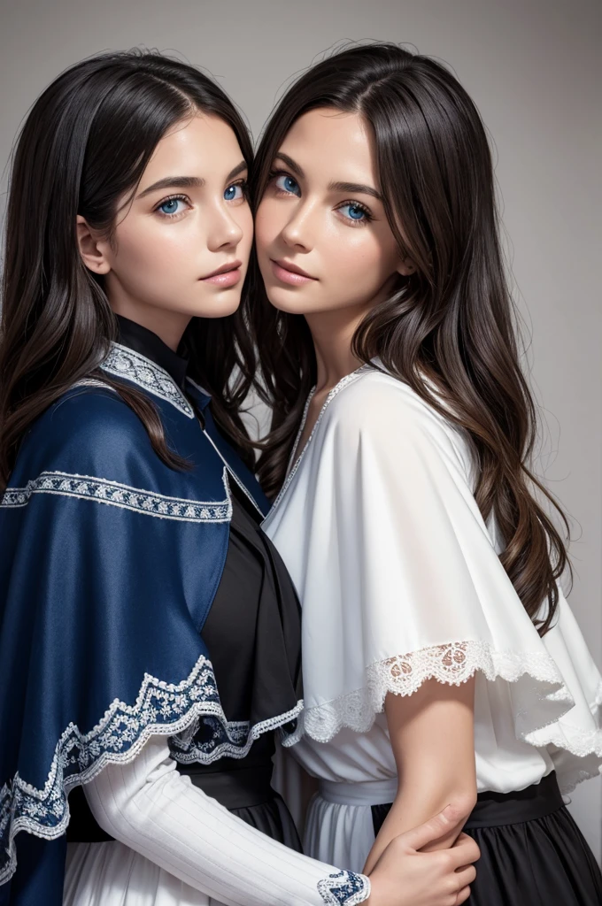 mother 30 years old and daughter 13 years old, perfect face, detailed face, blue eyes, europeans, casual, detailed face, curvy, white and black, dress with cape background: in house 
