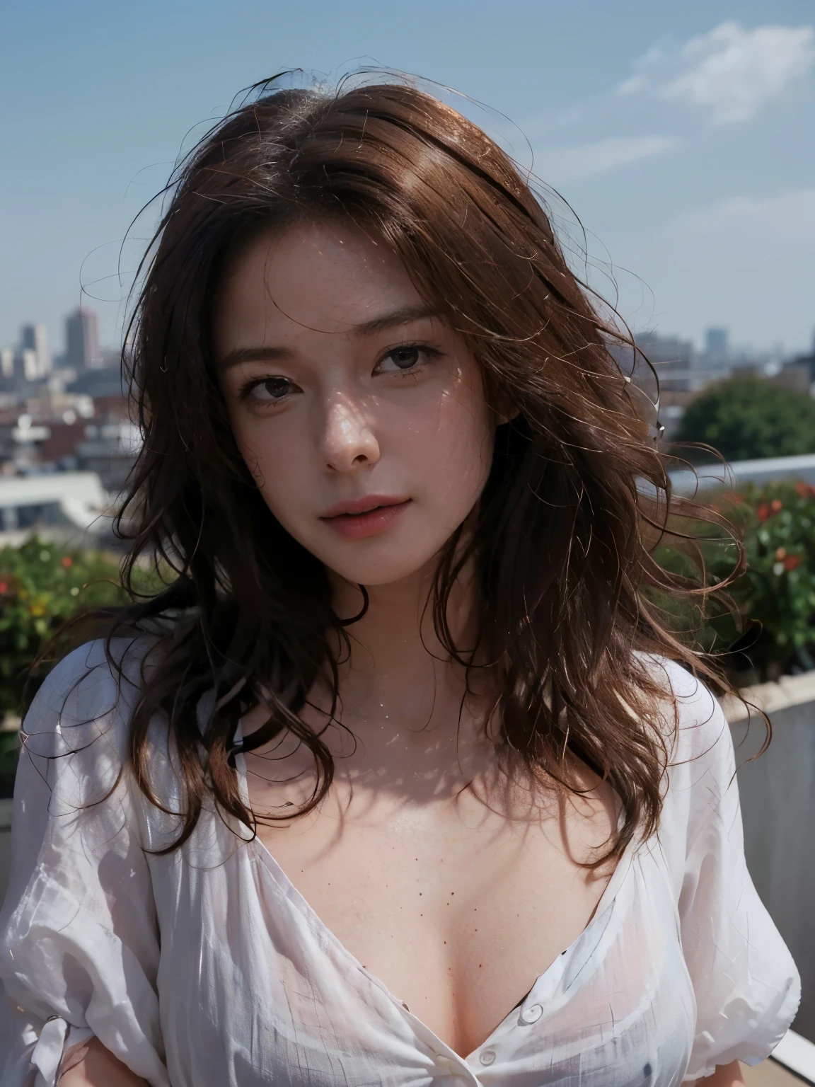 Gather your horse's hair and tie it with a cloth.,The tiny bikini covered only the nipples., Korean girl, age 24, Watch and fall in love, ((Fashion Hairstyles)), (Medium bust), realistic body, ((Tall and plump)), Attractive eyes, On the rooftop balcony of a skyscraper., hair tie, cloth headband, Evening, The sky is dark.