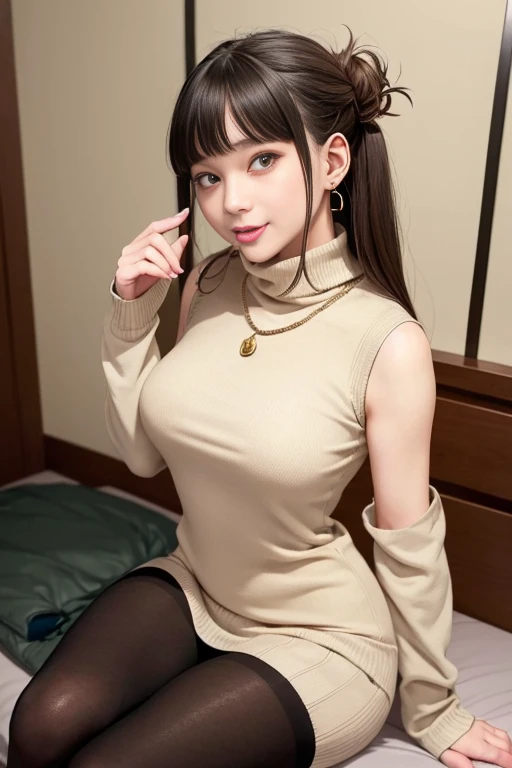 (Light Beige Turtleneck Sleeveless Knit、Pencil Skirt、Knee-high stockings)、20-year-old girl, Medium sized breasts,, Puffy nipples、Brown haired、Long Wavy Hair、Hotel Rooms、(Sleeping in bed)、((It looks fun、Please open your mouth a little))、necklace、Earrings、 (Very detailed), A shy smile、(Kamimei)、(Perfectly detailed face)、The whole body is visible、(Cover your chest with your hands)