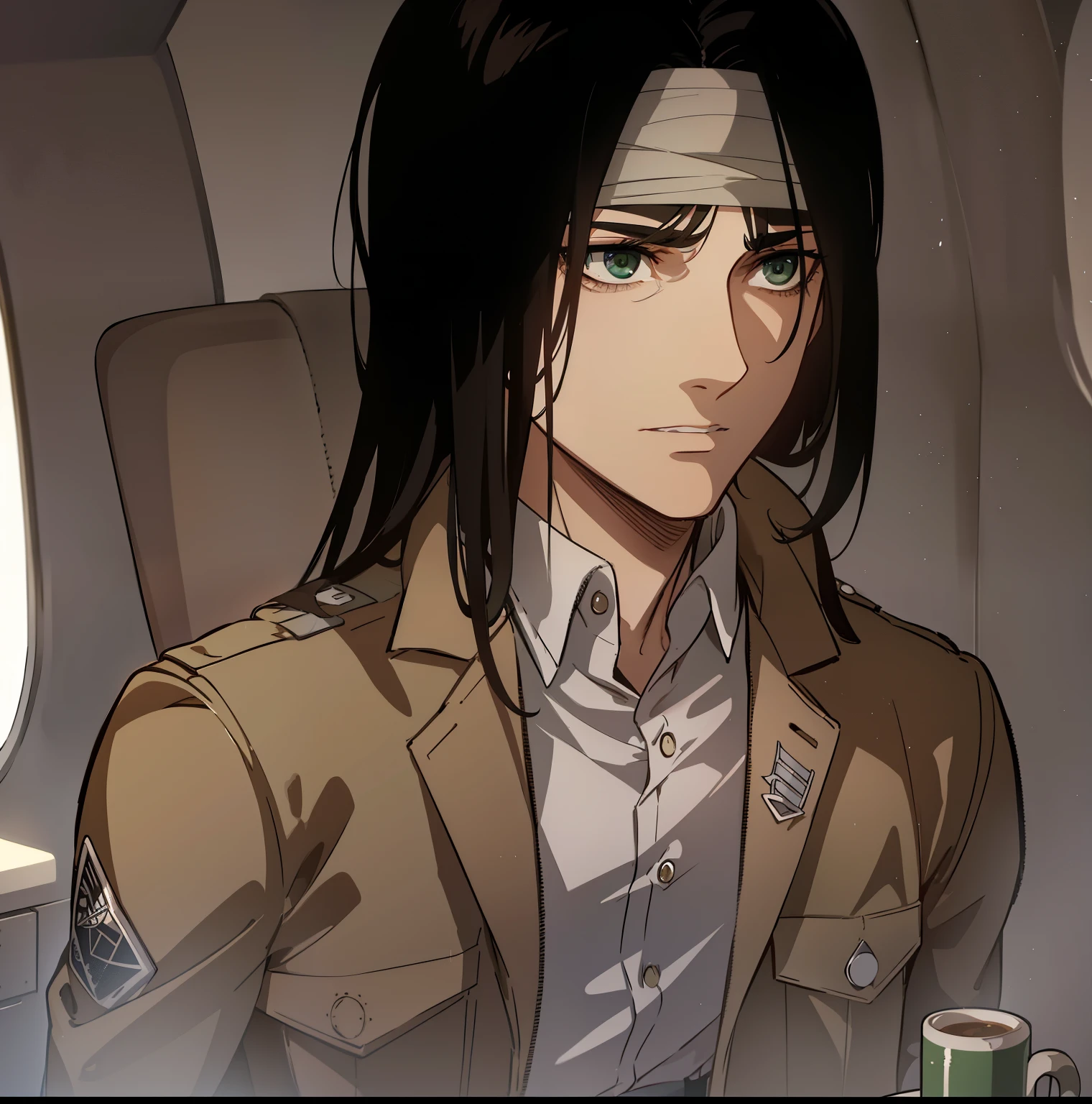 (high-quality, breathtaking),(expressive eyes, perfect face) 1male, male, solo, young adult, medium length black hair, curley hair, brown eyes, military uniform, survey corps attack on titan, shingeki no kyoji, black shirt, brown jacket, green eyes, gentle smile, gentle expression, long straight hairstyle, part of hair combed back, italian, korean hairstyle
