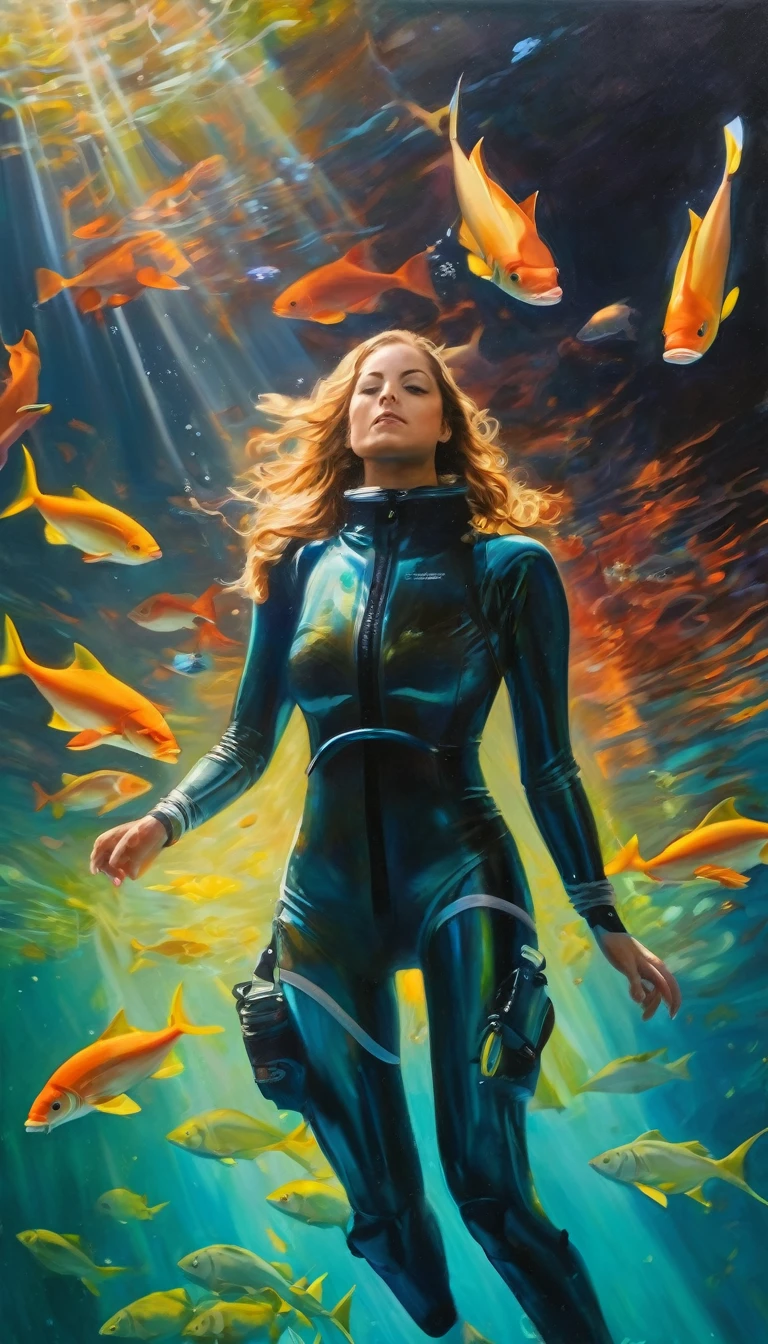 realistic oil painting, a close up of a woman in a diving suit and snorg, long fins, standing under the sea, suspended underwater, by Robert Jacobsen, underwater photography, underwater, amazing depth, alana fletcher, incredible depth, by Emma Andijewska, underwater glow, underwater perspective, by Emanuel Witz, by Seb McKinnon, victoria siemer, deep depth, Low-key lighting v1.0, toned colors, dark colors, low light