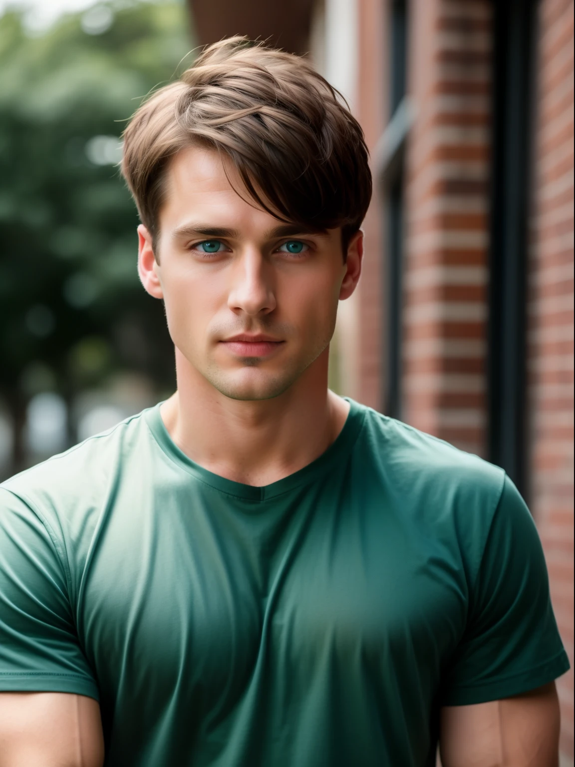 photo of a stunningly handsome man, 25 years, Blue eyes, short hair, Brown hair, full height, in a T-shirt, photorealistic, Best quality, detailed, 8K, HDR, cinematic lighting, sharp focus, short hair, looks at the camera, on a green background, Scared, very surprised, shocked