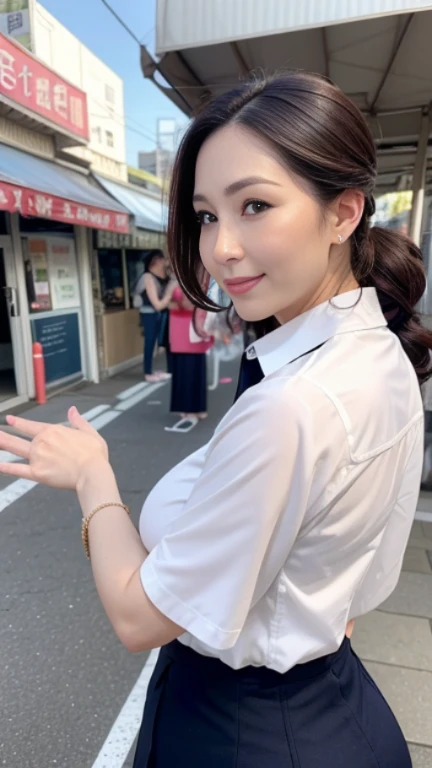 High resolution, High resolution, Attention to detail, masterpiece, Rough skin, Anatomically correct, sharp,
In the shopping district in front of the station、
((Japanese Mature, 50 years old)), alone, ((Facial wrinkles)), Shapely large breasts, Random Hairstyles, Chubby body type,
(((Accentuate your butt))) ,White collared blouse、Navy blue tight skirt、Big Ass、Look Down、landscape,A kind smile、A captivating gaze、