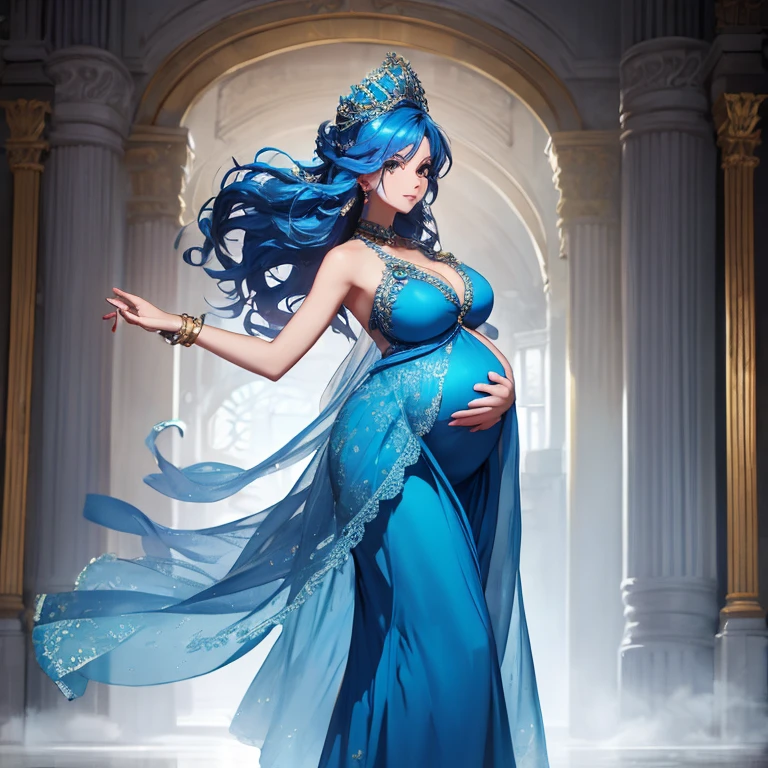 1woman, young, very pregnant goddess, mature, fancy blue dress, delicate beautiful face, dancing, wavy blue hair