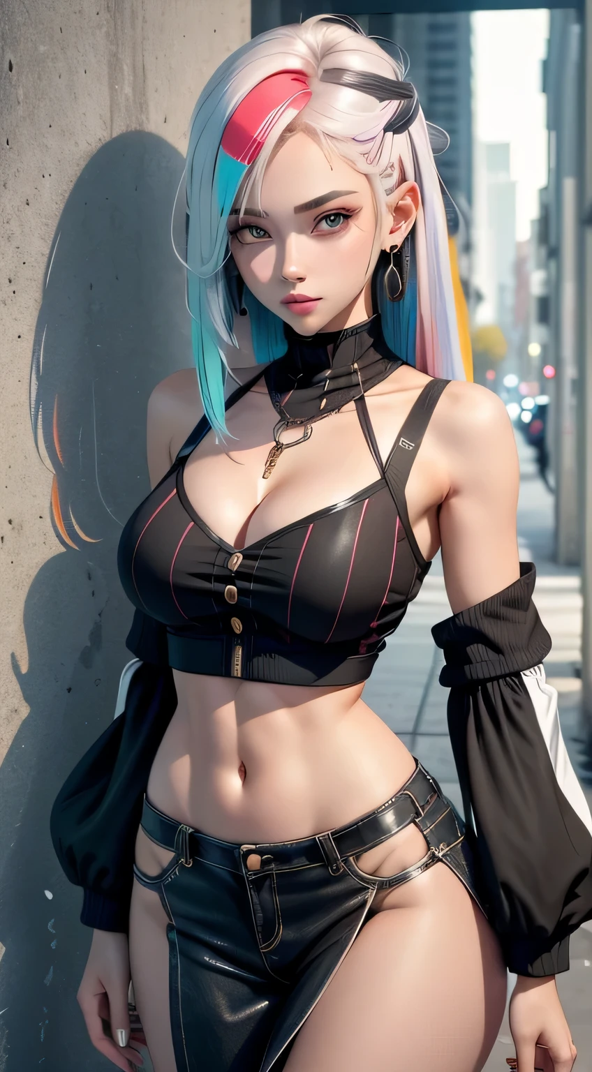 sfw, (hooded sweatshirt:1.1),((masterpiece)), ((best quality)), (ultra-detailed), ((extremely detailed)), 4K, (8K), best quality, (beautiful), extremely detailed,young girl, Cool Girl,(1girl), solo,bob cut,side braid,(two-tone coloring:1.6),beautiful white hair,(beautiful red hair),beautiful pink eyes, beautiful lips,(small breasts:1.2),slim, sad smile, earrings,(Lots of earrings),Ear Body Piercing, wearing bra,((skinny waist)), young asian girl, ((big breasted)),