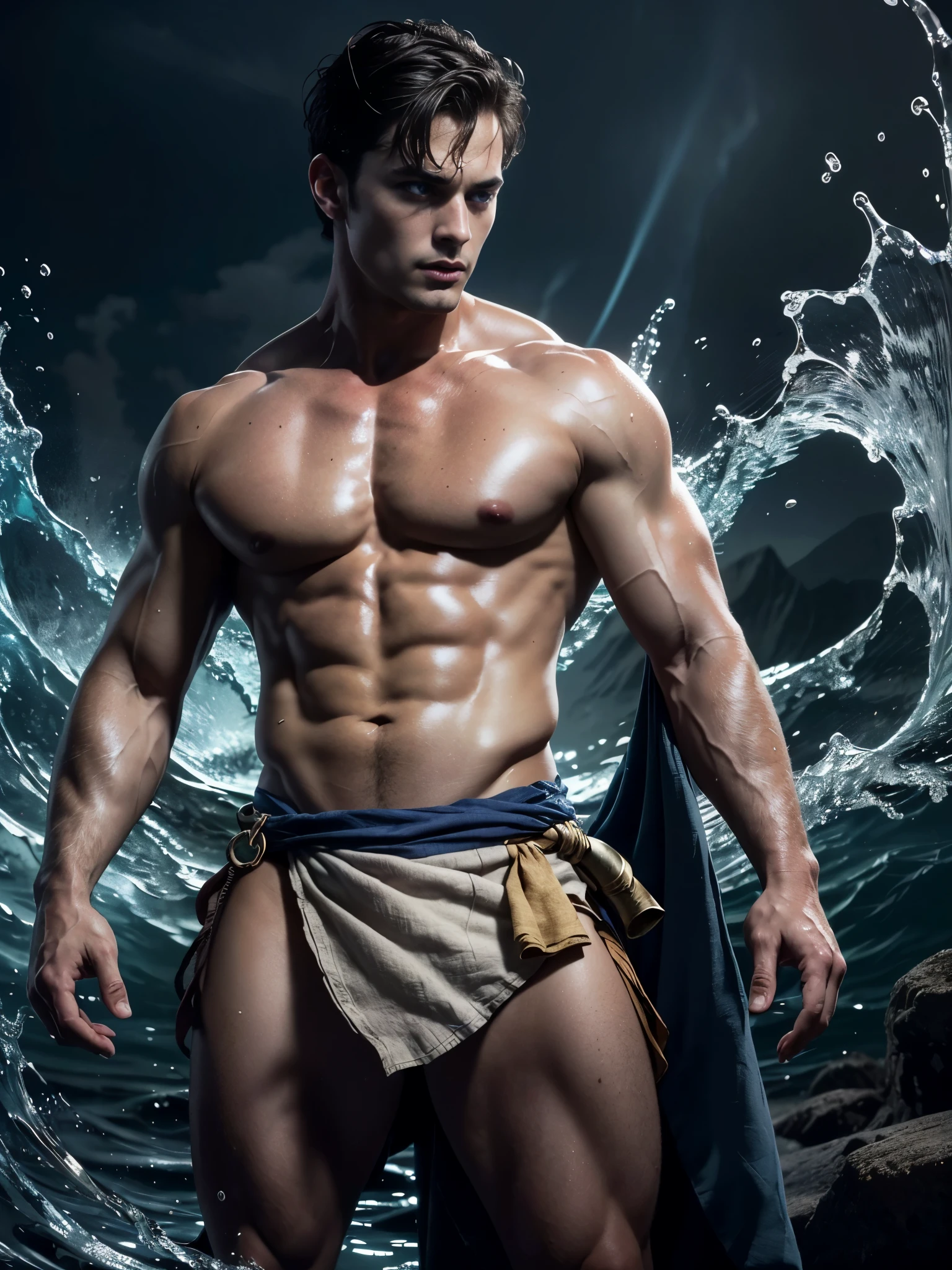 ((masterpiece)),((best quality)),8k, high detailed, ultra-detailed, Stylish Pose, real skin texture, dark cinematic lighting, 18-year-old italian male model, handsome, cute looking, divine look, powerful , (blue eyes:1.4), (god Poseidon:1.3), god of the seas, Neptune, godly, hydrokinesis, bending water, displaying the ability to manipulate water, creating massive waves and bend water:1.5), white pale skin, roman god physic, intense, (dry short hair:1.8), (dry short brown messy hair, strong jawline, masculine, muscular, defined fit body, hairless chest, shirtless, pantless, barechested, topples, barelegged, open sea, (under the water:1.4), sinister aesthetic, black storm clouds, lightning clouds, deep blue ocean waves, (night dark storm:1.6), barelegged, barefoot, antique cloth, antique linen spartan skirt, (sexy low-rise loincloth:1.6) (sexy, linen antique draped cloth:1.3),,,,,(dark background:1.5), dim light, dark atmosphere, cinematic lighting, Depth of field, award-winning photography, elegant, hyperrealistic, octane render, unreal, high definition, 8k resolution, highly detailed, 8k uhd, professional lighting, photon mapping, radiosity, physically-based rendering