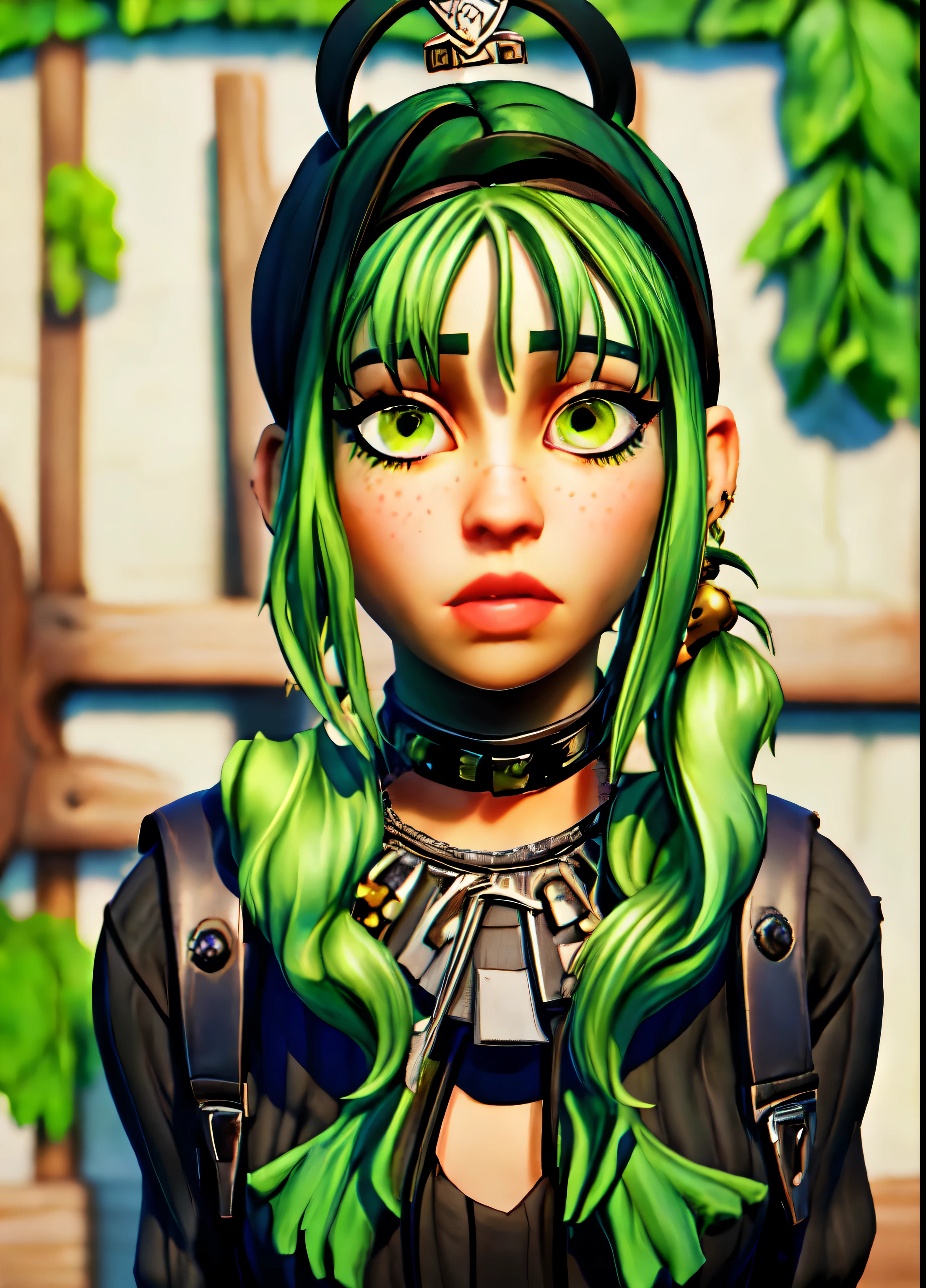 billie eillish, black hair, green highlights, pigtail, green eyes, lips, black baggy clothes, full body, standing, looking at viewer (insanely detailed, beautiful detailed face, beautiful detailed eyes, masterpiece, best quality),