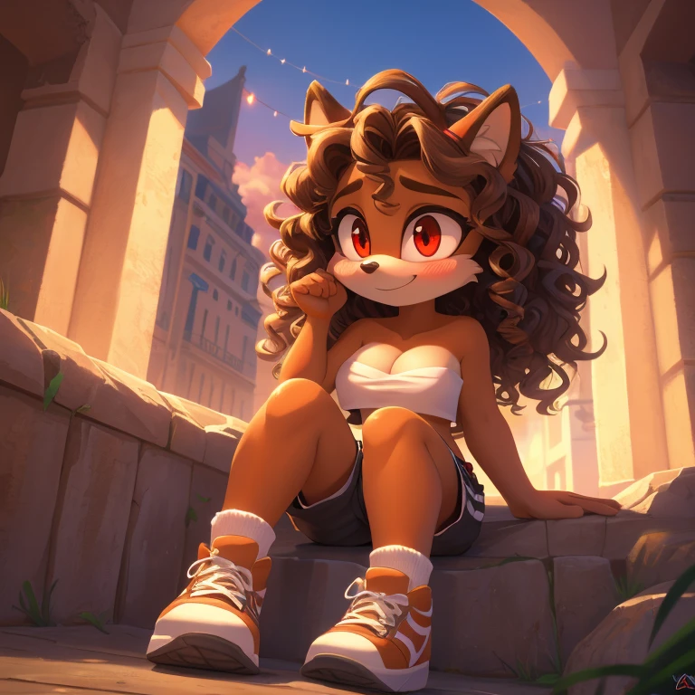 mobian, hedgehog, two-tone fur ((orange fur, brown fur)), pyjama elastic shorts, strapless crop top, cleavage, high-top sneakers, two-tone hair (brown hair, black tip)), curly hair, halo, sunglasses, jewelry, red eyes, longeyelashes, red eyes, smile, shy, blush, high detail, masterpiece, UHD, anatomically correct, super detail, highres, 4K