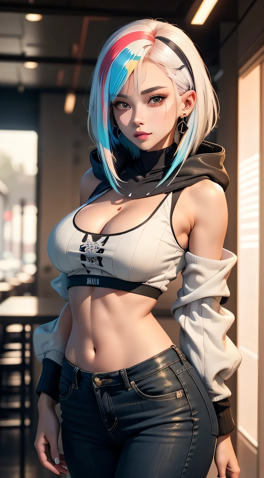 sfw, (hooded sweatshirt:1.1),((masterpiece)), ((best quality)), (ultra-detailed), ((extremely detailed)), 4K, (8K), best quality, (beautiful), extremely detailed,young girl, Cool Girl,(1girl), solo,bob cut,side braid,(two-tone coloring:1.6),beautiful white hair,(beautiful red hair),beautiful pink eyes, beautiful lips,(small breasts:1.2),slim, sad smile, earrings,(Lots of earrings),Ear Body Piercing, wearing bra,((skinny waist)), young asian girl, ((big breasted)),