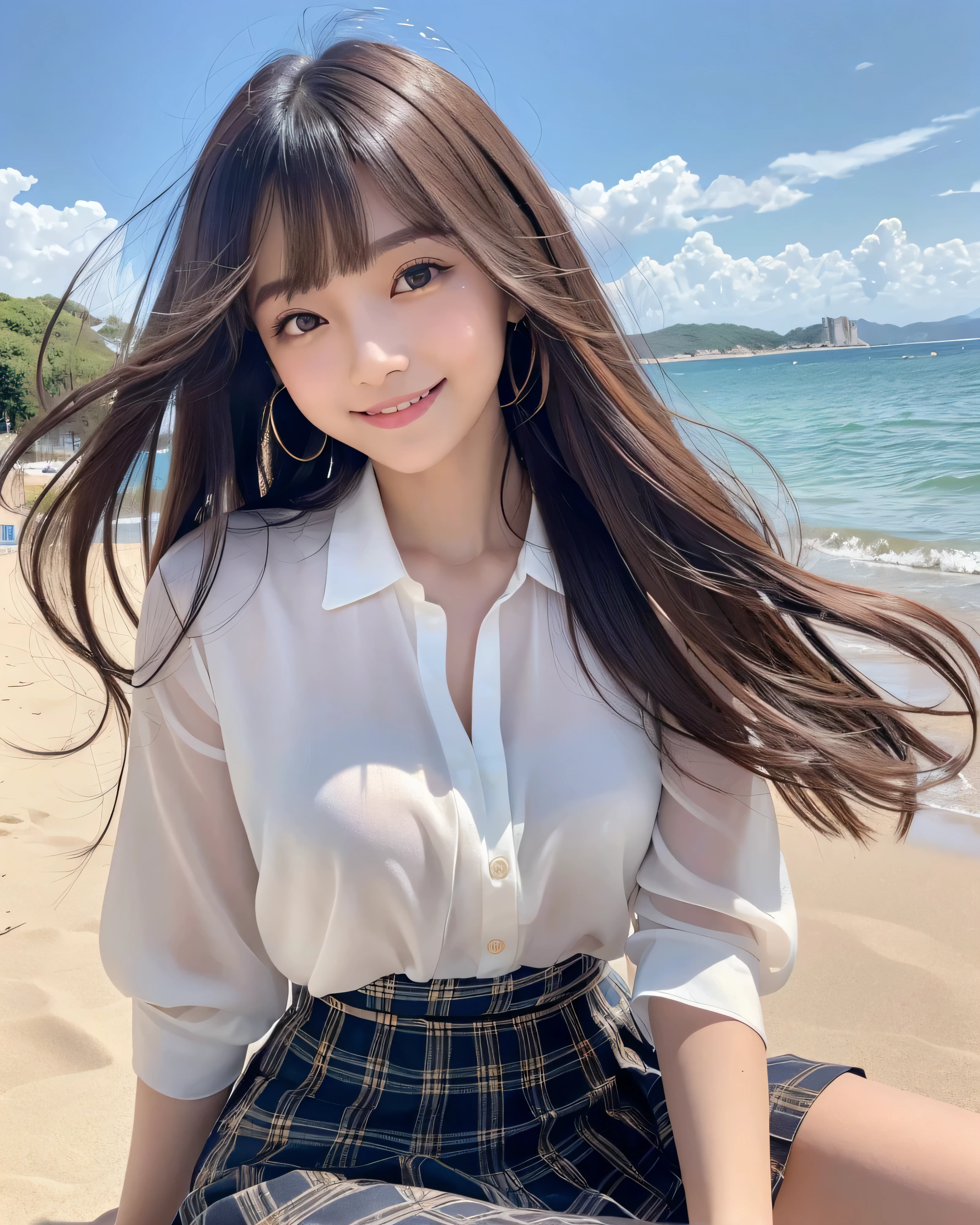 (highest quality, 32k, High resolution, masterpiece:1.5, ), Transparent air, The brilliance of youth, An award-winning masterpiece with incredible detail, Beautiful Japanese Girls, An exceptionally beautiful face, Shiny brown hair, ((Beautifully groomed long hair)), Asymmetrical bangs, Hair between the eyes, Beautifully trimmed, thin eyebrows, Magical big eyes, Moist black eyes, Clear double eyelids, smooth and transparent skin, Pale pink lips, Natural Makeup, Rich expression of emotions, (fleeting smile:1.4), Lightweight silk blouse, blue plaid pleated skirt, sit, Absolute area, High resolutionの美しい太もも, (whole body:1.3), Parks by the sea, Beautiful, clear blue sea stretches to the horizon, The dazzling summer sunshine, detailed blue sky, Professional Lighting, Professional Photographer, Professional models