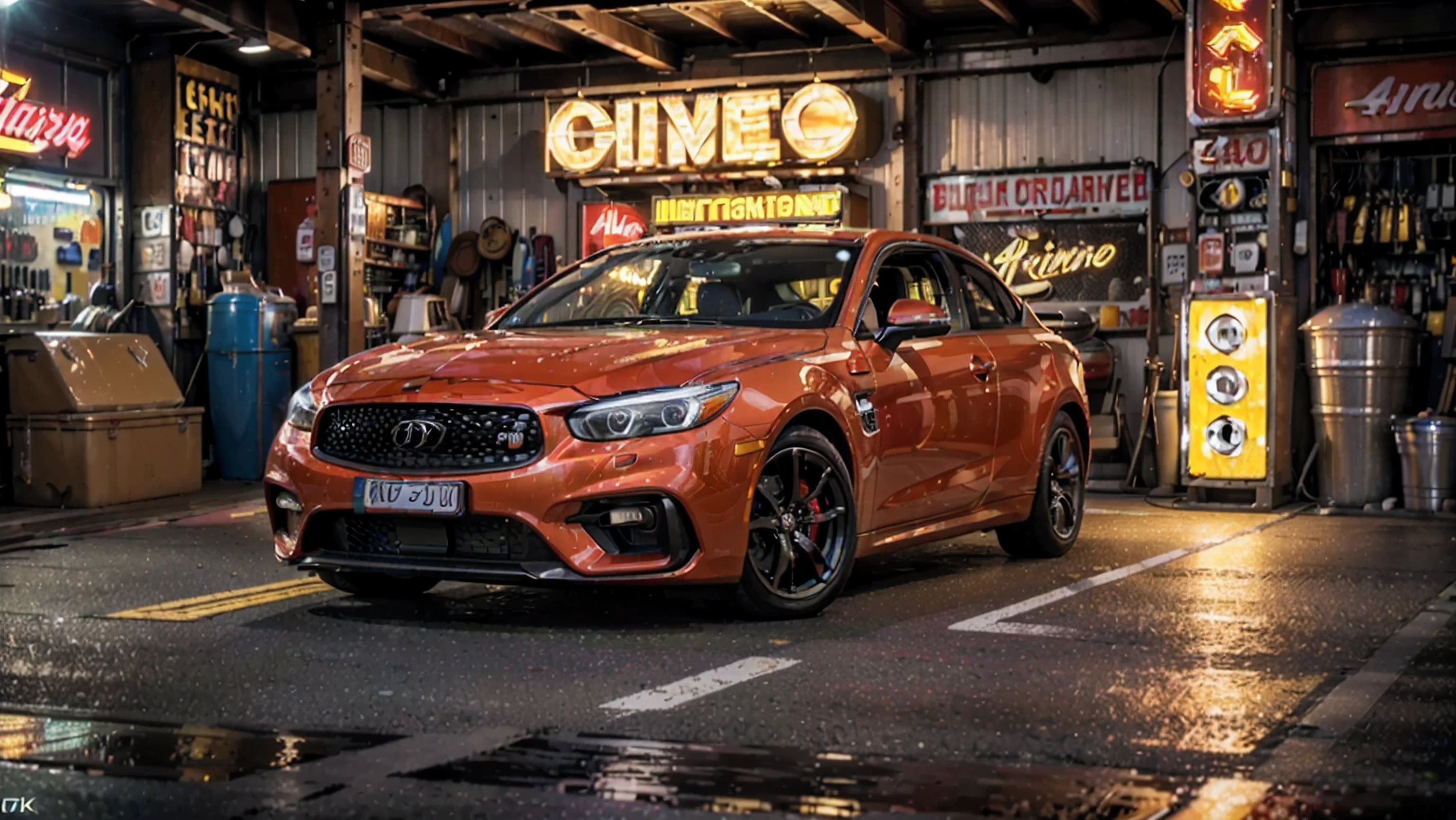 (melhor qualidade,4K,8k,high resolution,obra de arte:1.2), ultra-detalhado, (realista,photorealista,photo-realista:1.37), HDR, cores vibrantes, Tons quentes, sharp focus, intricado, Luz natural, neon advertising sinais, sinais, oil cans, carros, brilha, atmosfera animada, atitude relaxada, fundo de garagem