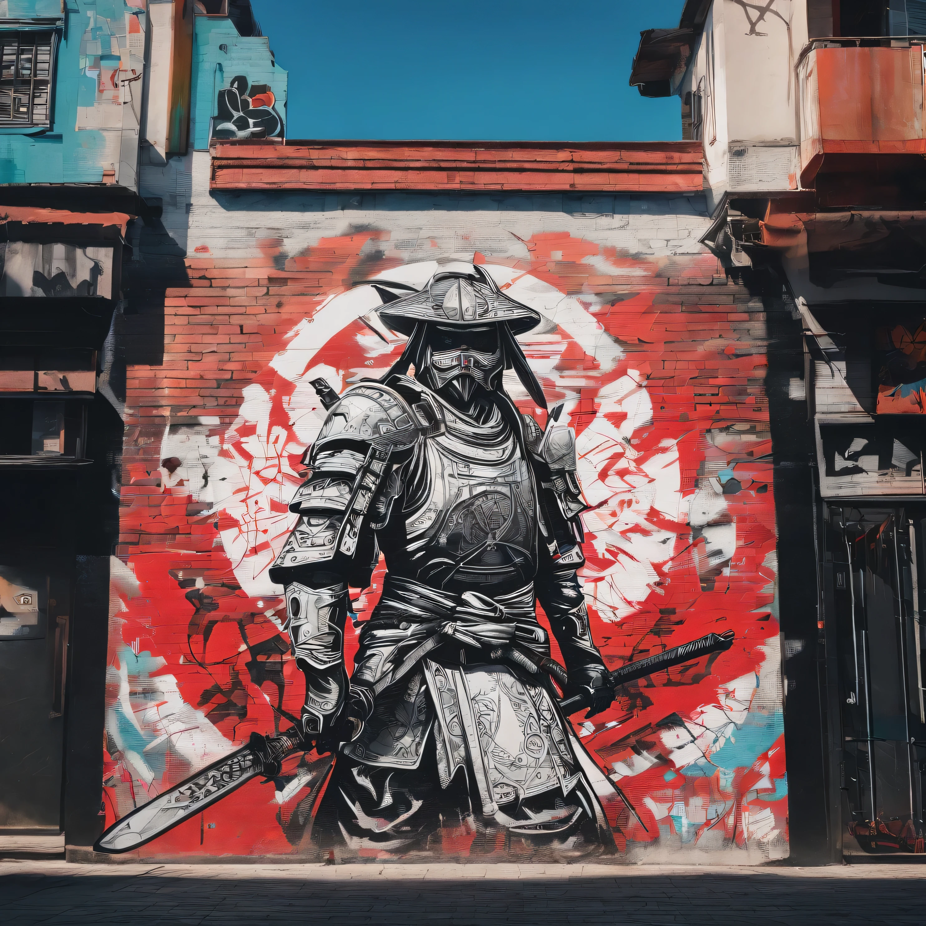drone shot view, GRAFFITI DRAWING OF A SAMURAI, white, black e red,  ON THE WALL OF A BUILDING, realist style、SPRAY PAINT, (graffiti wall)、UTRA DETAILED ARMOR, ULTRA DETAILED SWORD, hyper-detailed art、award-winning work, IMPACTFUL VISUAL, outdoor ARTWORK, CINEMATIC LIGHTING, ARTISTIC DETAILS, DYNAMIC SHADOWS ,ATMOSPHERIC EFFECTS, GRAFITI TEXTURES, HIGH-DEFINITION, IMMERSIVE ENVIRONMENT, SUBTLE COLOR GRADING, AUTHENTIC ATMOSPHERE, DETAILED TEXTURES, award winning ARTWORK, MASTERPIECE ARTWORK, trending on artstation, HDR, UHD, 4K, BY BRUNO SMOKY.